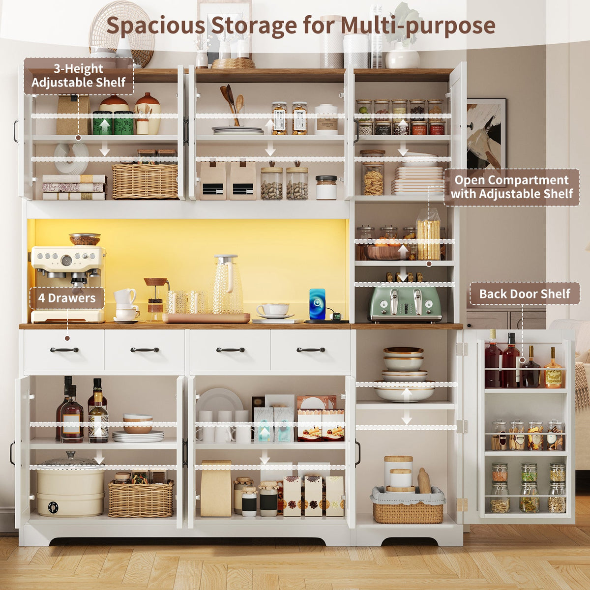 White Farmhouse Pantry Cabinet for Kitchen with 4 Drawers, Charging Station, RGB LED Lights, Adjustable Shelves & Door Storage - Yanosaku