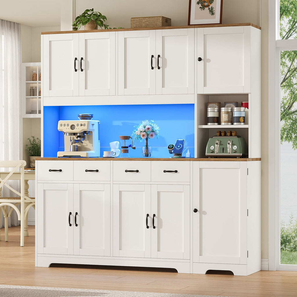White Farmhouse Pantry Cabinet for Kitchen with 4 Drawers, Charging Station, RGB LED Lights, Adjustable Shelves & Door Storage - Yanosaku