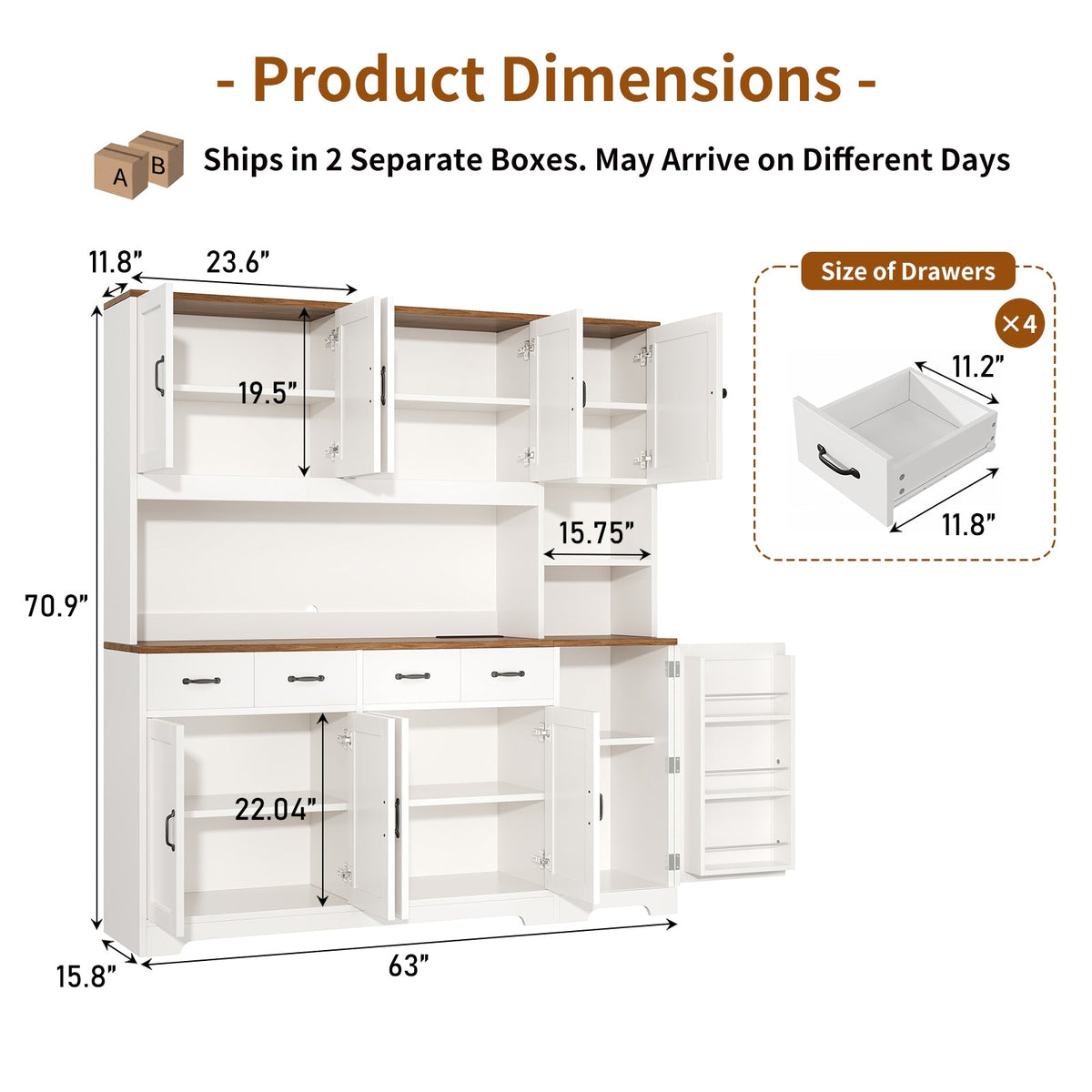 White Farmhouse Pantry Cabinet for Kitchen with 4 Drawers, Charging Station, RGB LED Lights, Adjustable Shelves & Door Storage - Yanosaku