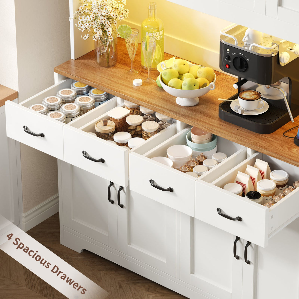 White Farmhouse Pantry Cabinet for Kitchen with 4 Drawers, Charging Station, RGB LED Lights, Adjustable Shelves & Door Storage - Yanosaku