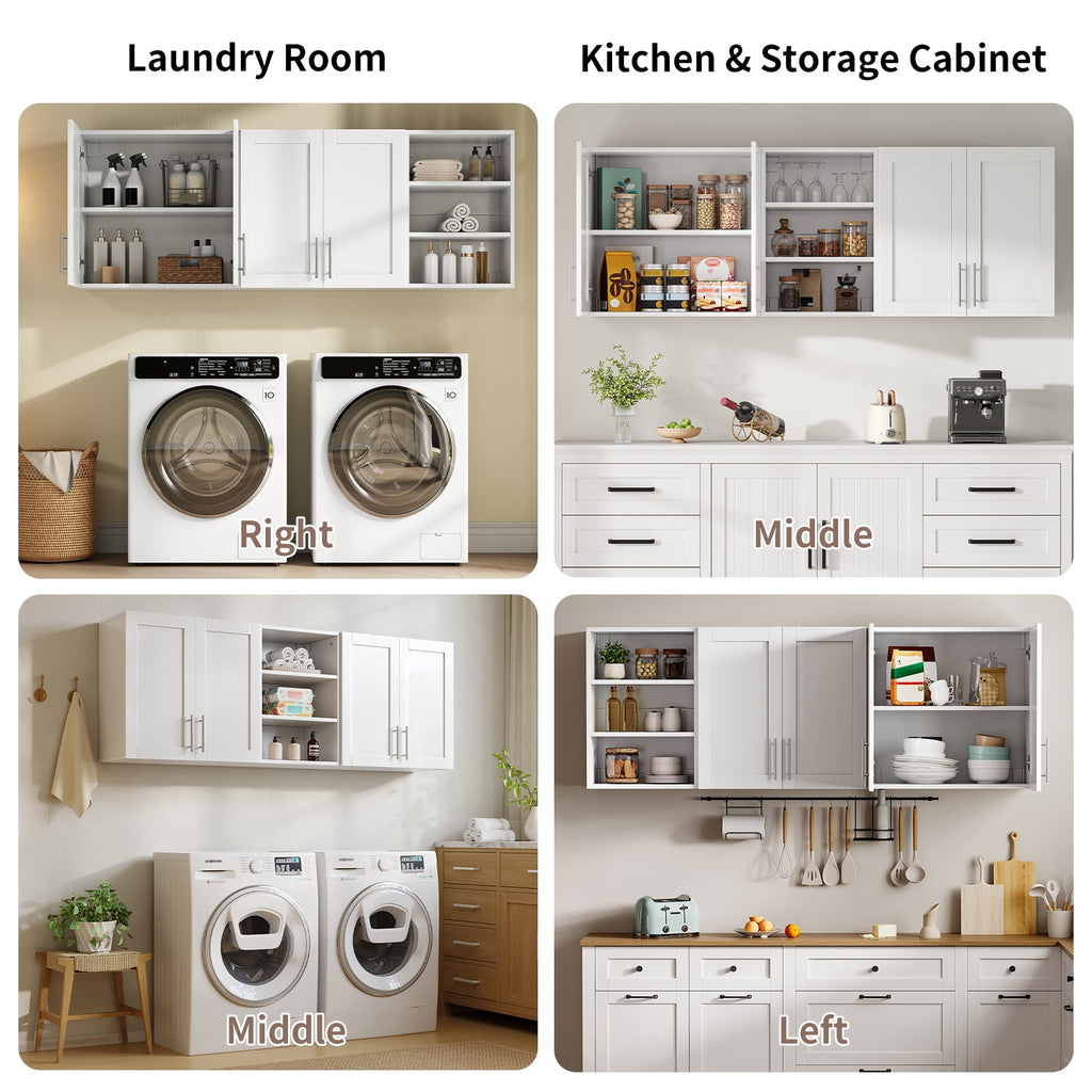 White Wall-Mounted Storage Cabinet with Doors & Adjustable Shelves, Wooden Laundry Room, Kitchen & Bathroom Cabinet - YanosakuUS-WC001-WE