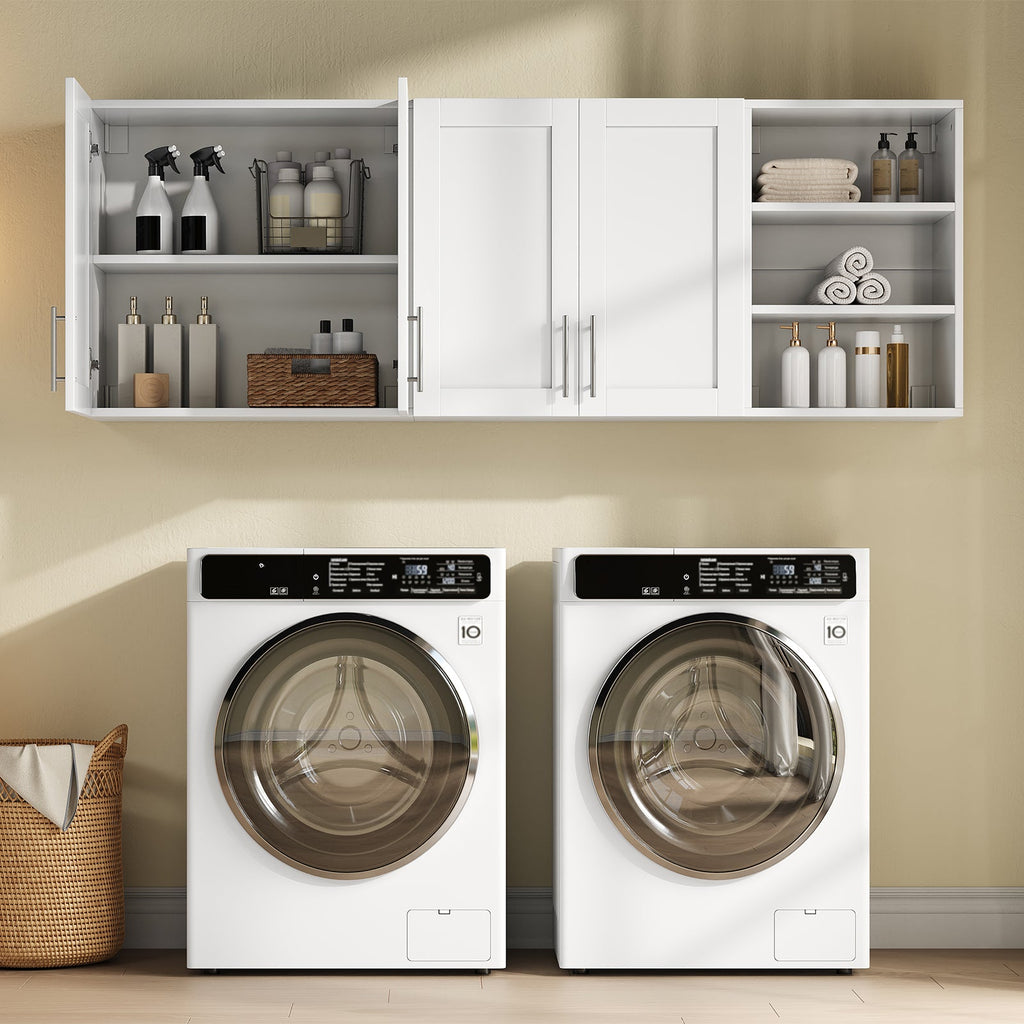 White Wall-Mounted Storage Cabinet with Doors & Adjustable Shelves, Wooden Laundry Room, Kitchen & Bathroom Cabinet - YanosakuUS-WC001-WE