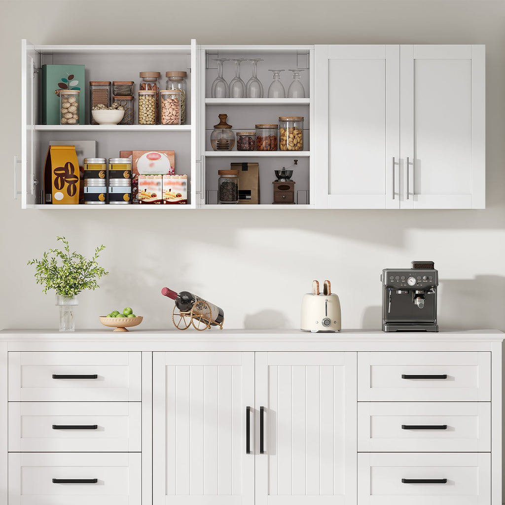 White Wall-Mounted Storage Cabinet with Doors & Adjustable Shelves, Wooden Laundry Room, Kitchen & Bathroom Cabinet - YanosakuUS-WC001-WE