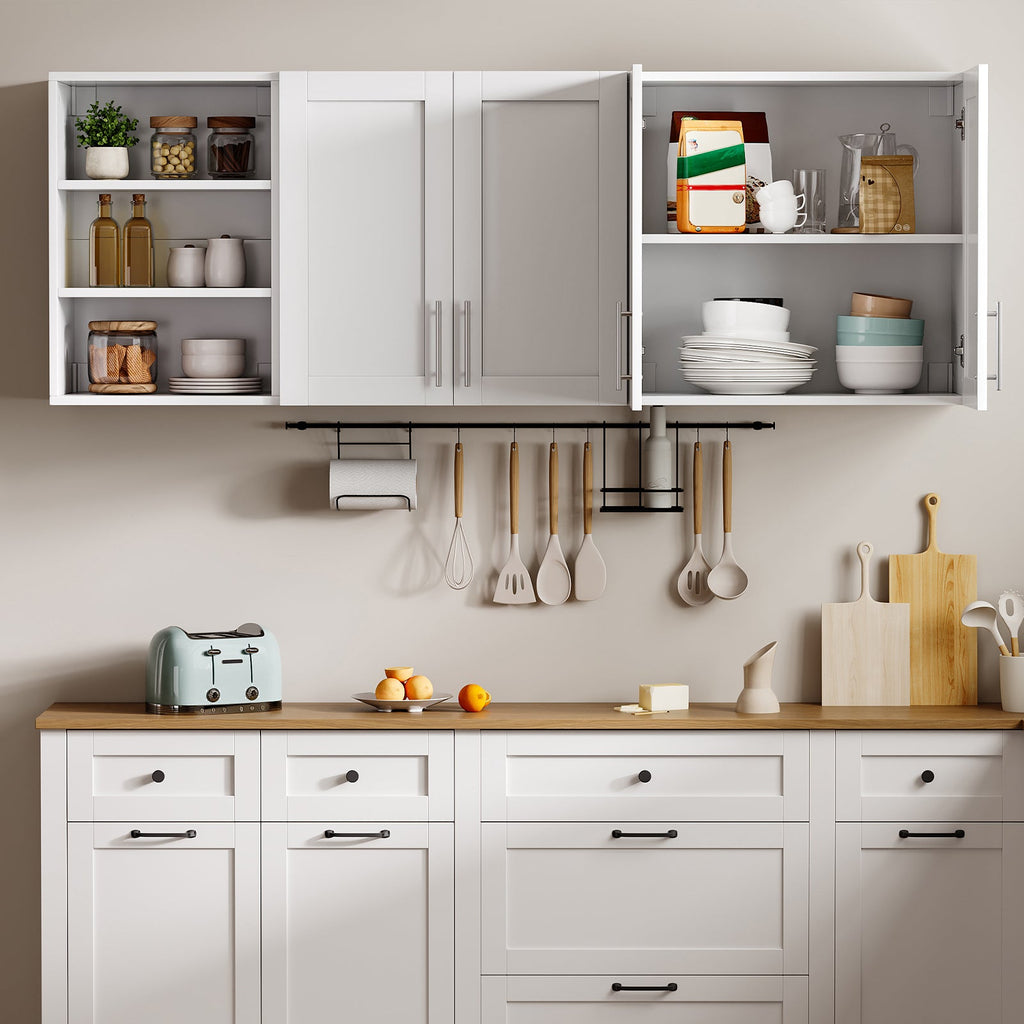 White Wall-Mounted Storage Cabinet with Doors & Adjustable Shelves, Wooden Laundry Room, Kitchen & Bathroom Cabinet - YanosakuUS-WC001-WE
