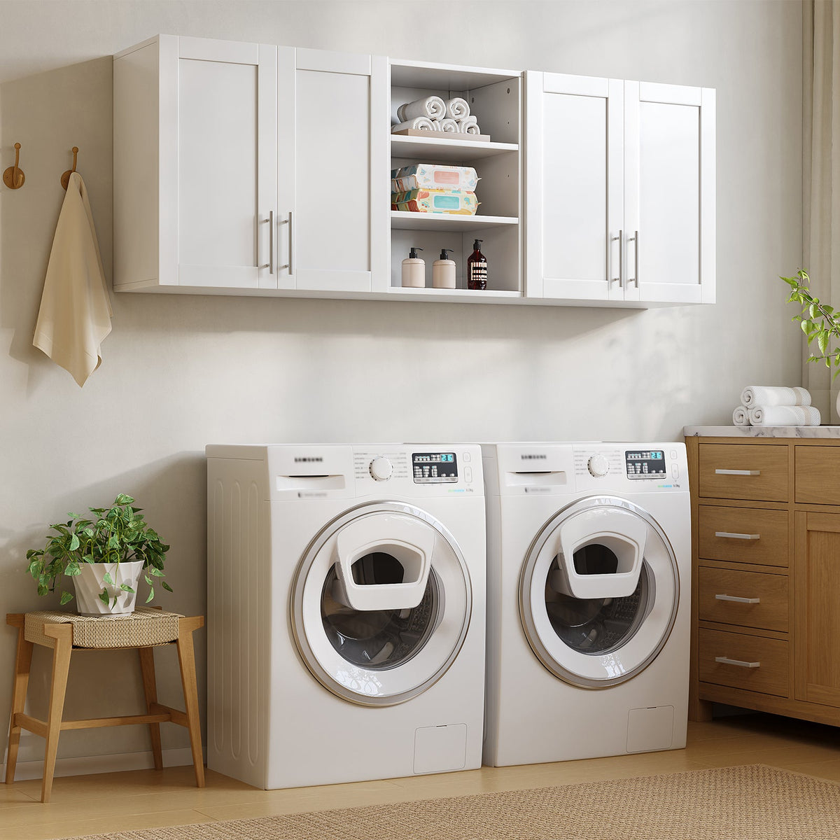 White Wall-Mounted Storage Cabinet with Doors & Adjustable Shelves, Wooden Laundry Room, Kitchen & Bathroom Cabinet - YanosakuUS-WC001-WE