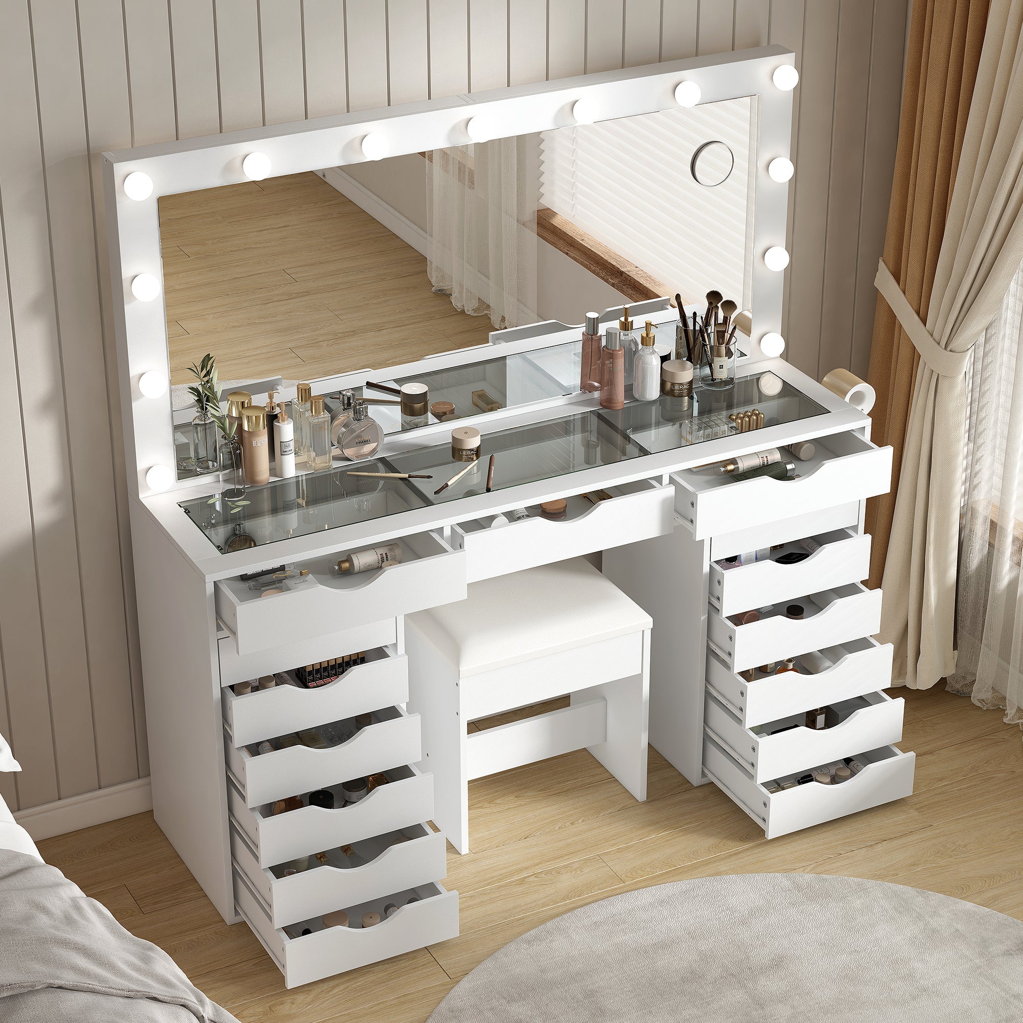 Yanosaku 55'' Modern White Makeup Vanity Set Table with Stool & LED Mirror 15 Drawers Luxury - Yanosaku SotreFurnitureVD008 - WH
