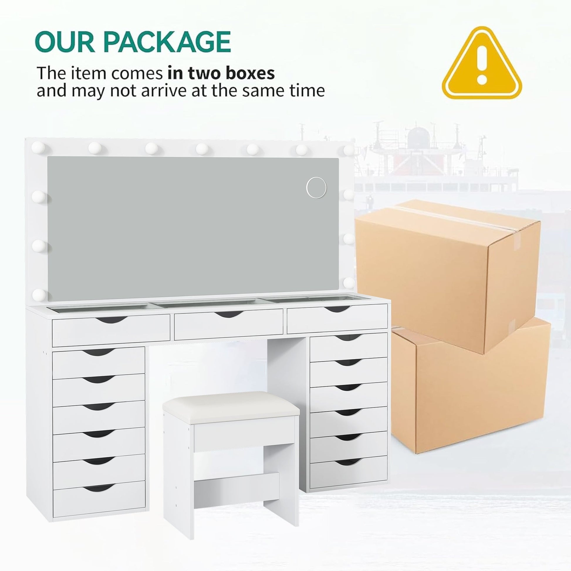 Yanosaku 55'' Modern White Makeup Vanity Set Table with Stool & LED Mirror 15 Drawers Luxury - Yanosaku SotreFurnitureVD008 - WH