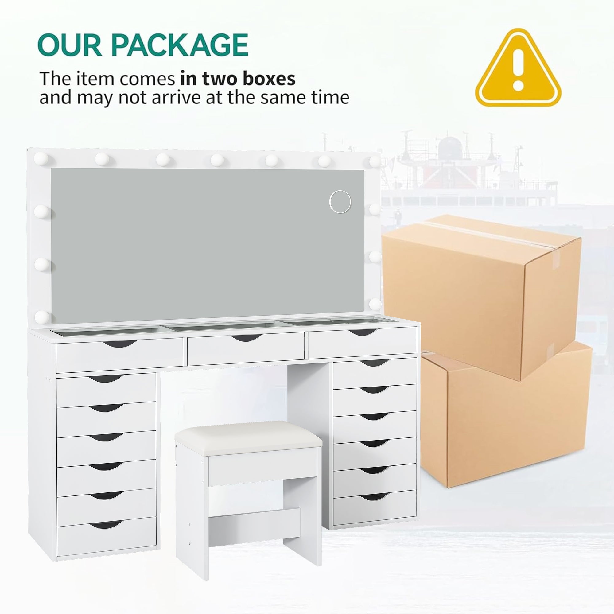 Yanosaku 55'' Modern White Makeup Vanity Set Table with Stool & LED Mirror 15 Drawers Luxury - Yanosaku SotreFurnitureVD008 - WH