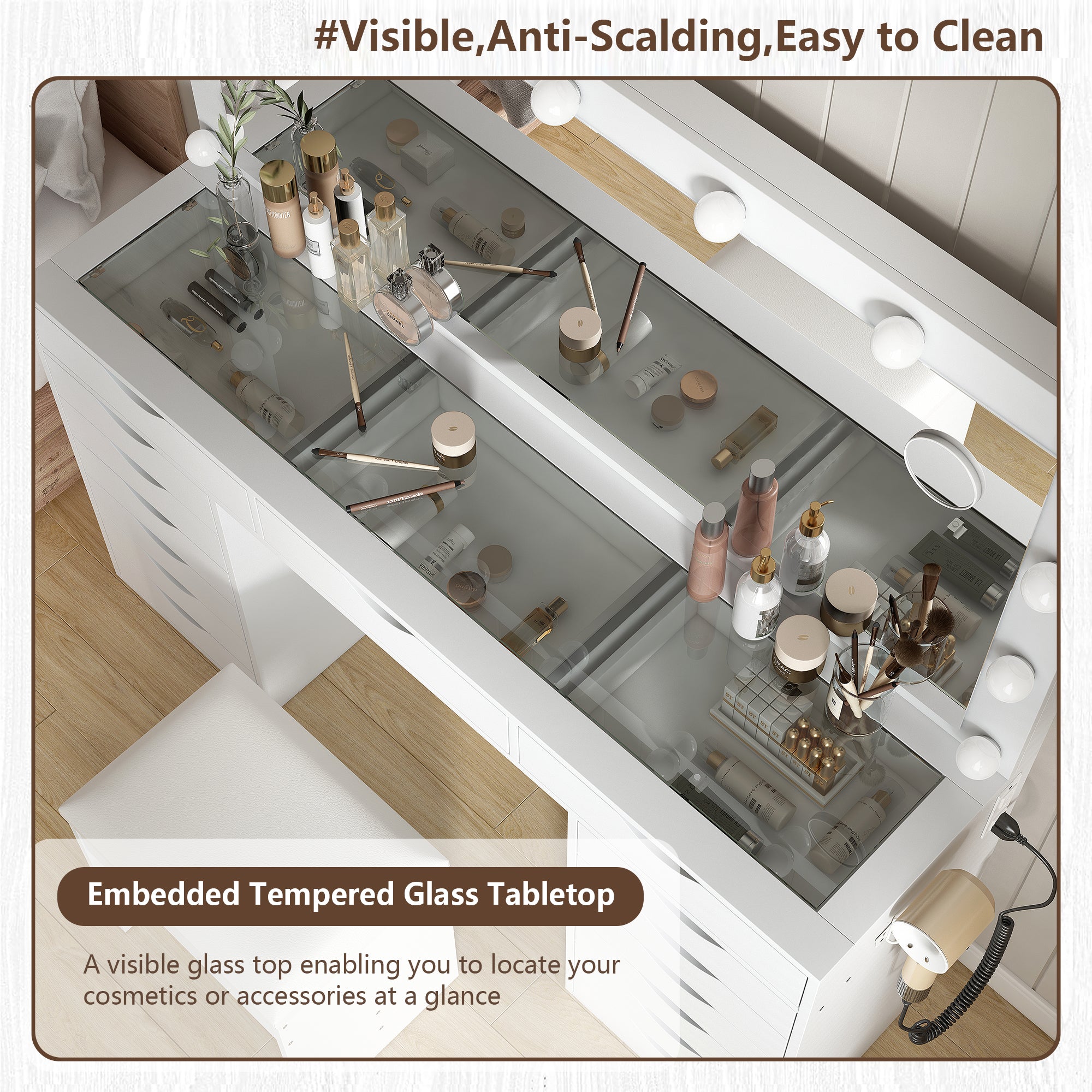 Yanosaku 55'' Modern White Makeup Vanity Set Table with Stool & LED Mirror 15 Drawers Luxury - Yanosaku SotreFurnitureVD008 - WH