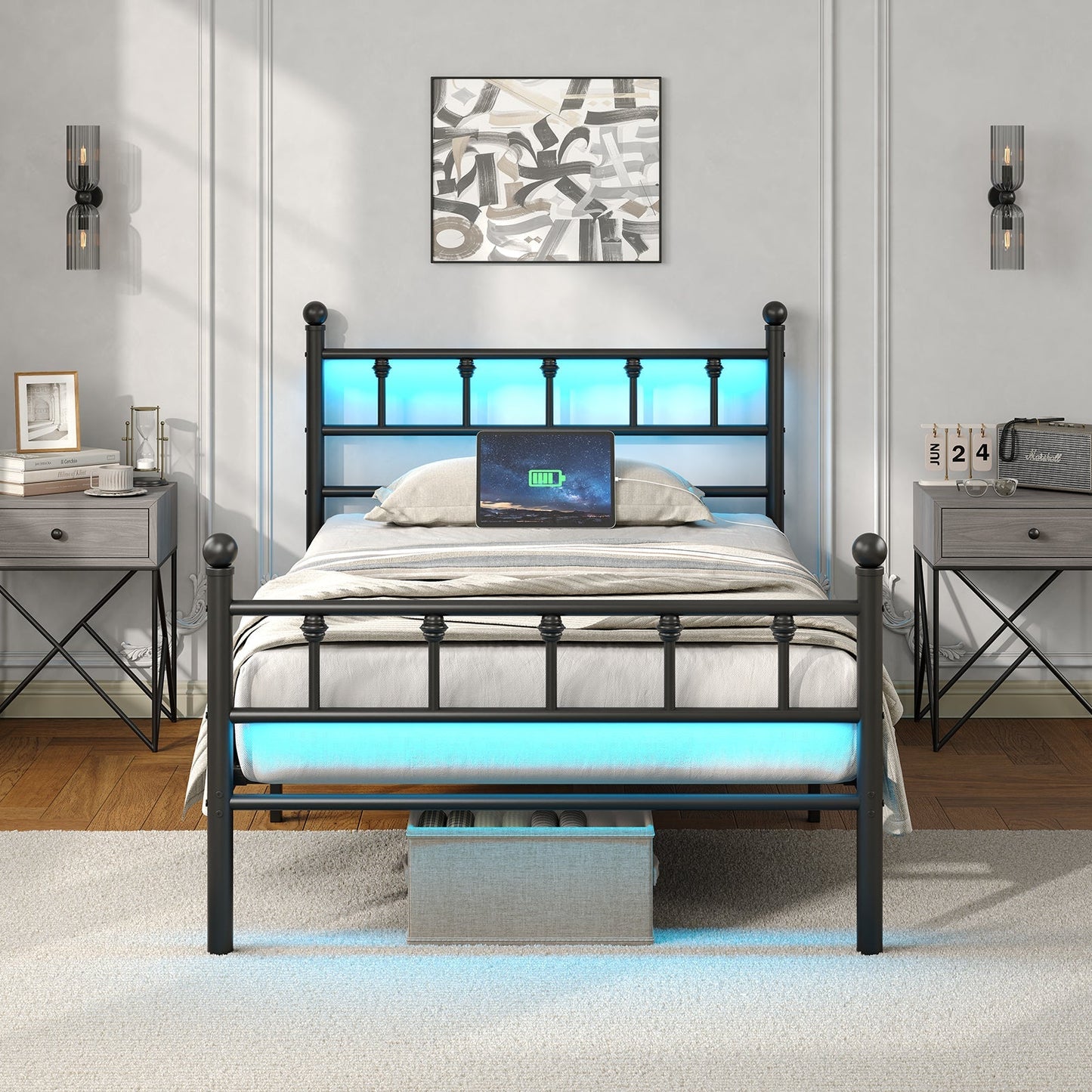 YANOSAKU BF005 - GR - F Twin Size Metal Bed Frame with LED Lights - Yanosaku SotreFurniture