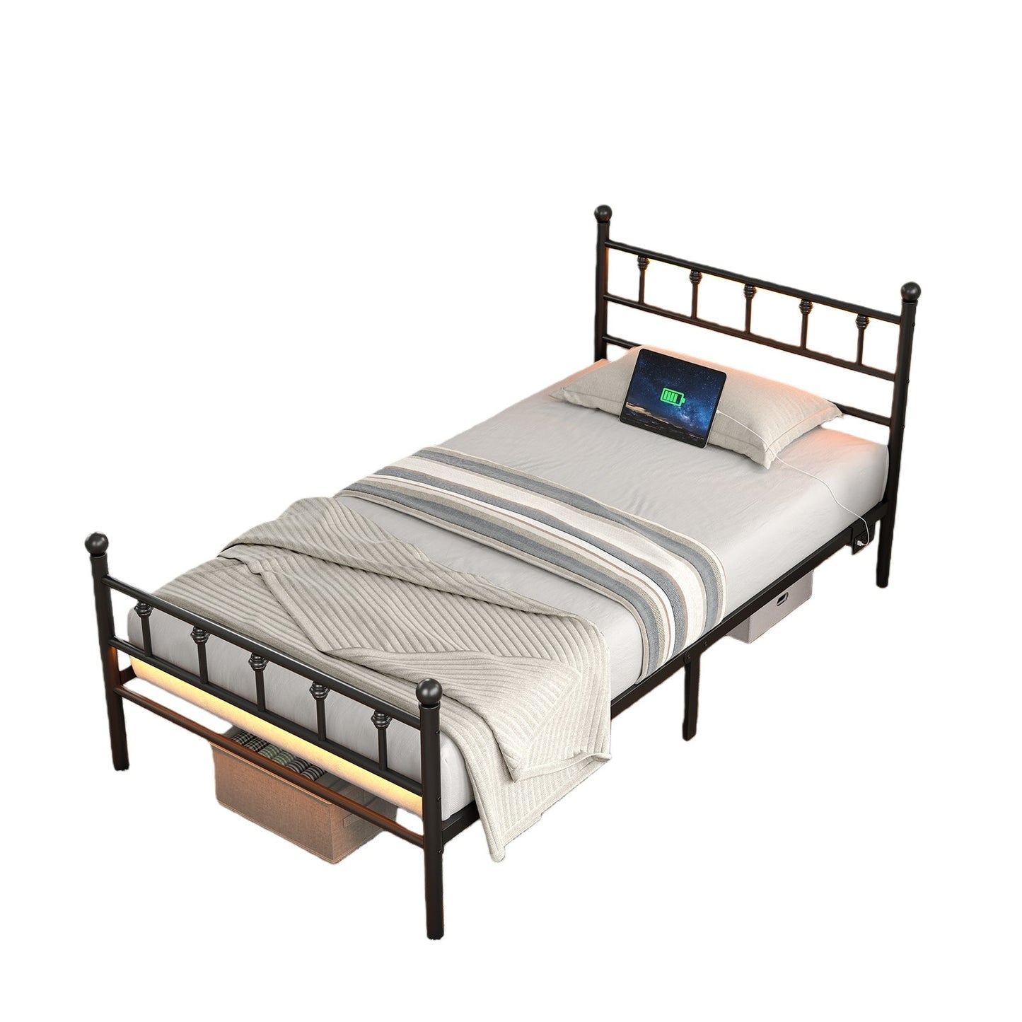 Vektaya US-BF005-GR-T Twin Size Metal Bed Frame with LED Lights
