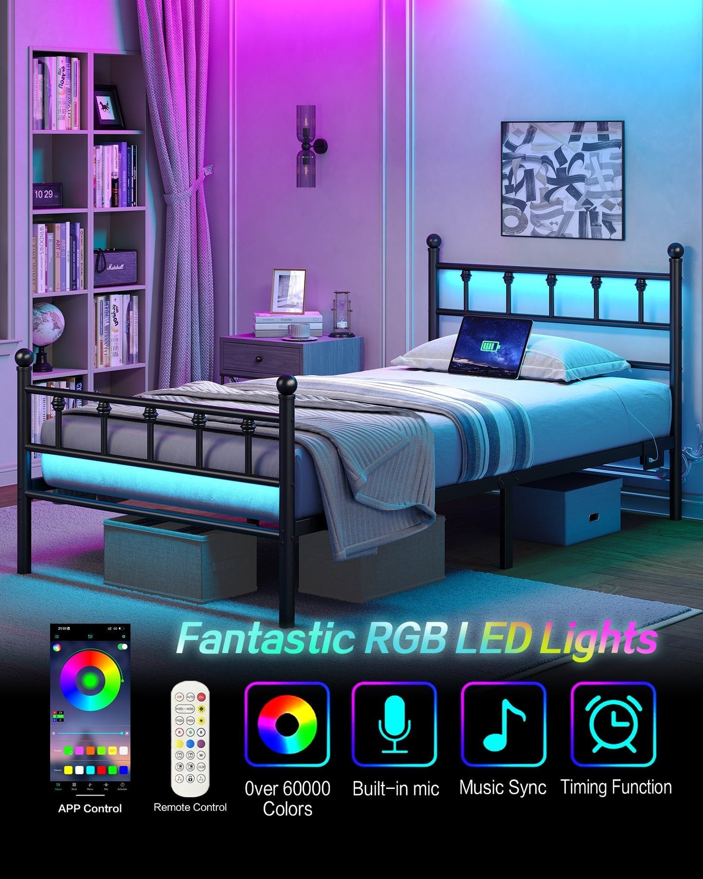 YANOSAKU BF005 - GR - F Twin Size Metal Bed Frame with LED Lights - Yanosaku SotreFurniture