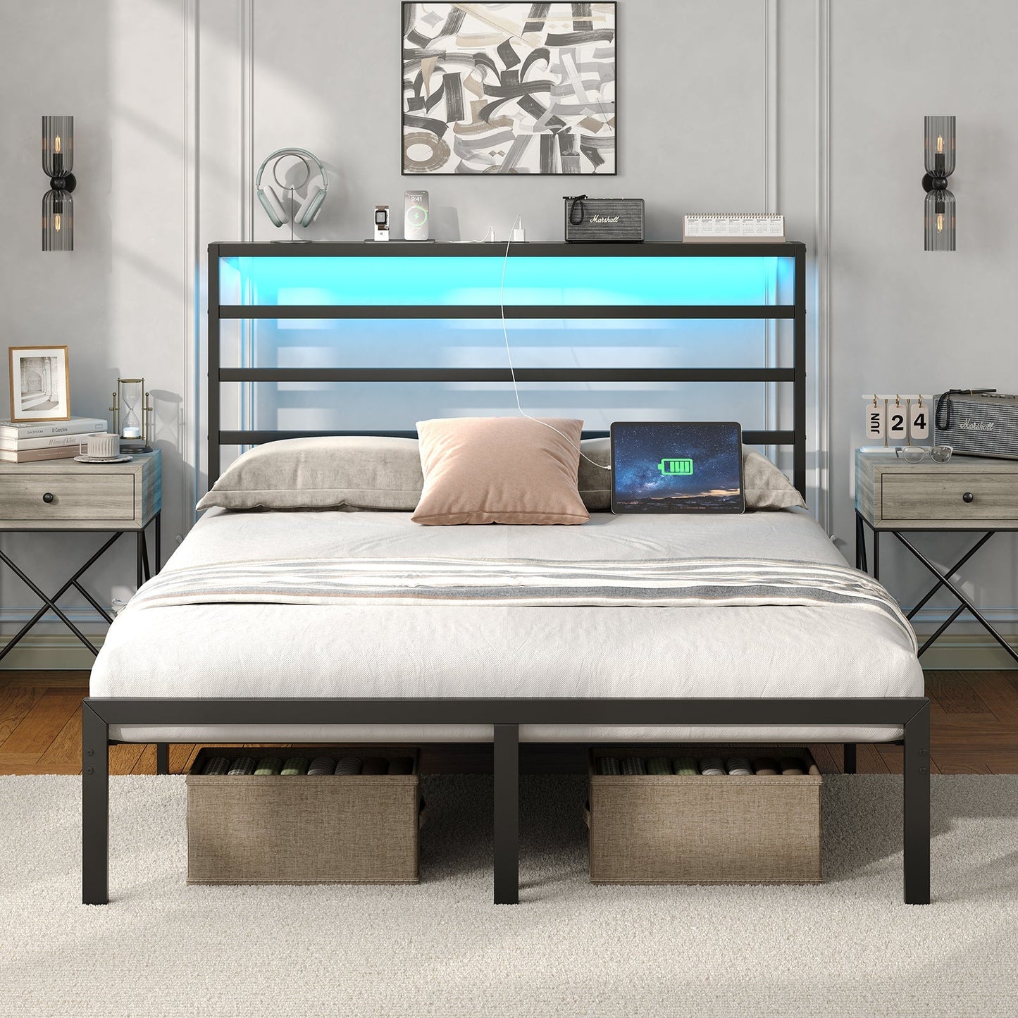 YANOSAKU BF006 - GR - F Full Size Metal Bed Frame with LED Lights - Yanosaku SotreFurnitureBF006 - GR - F