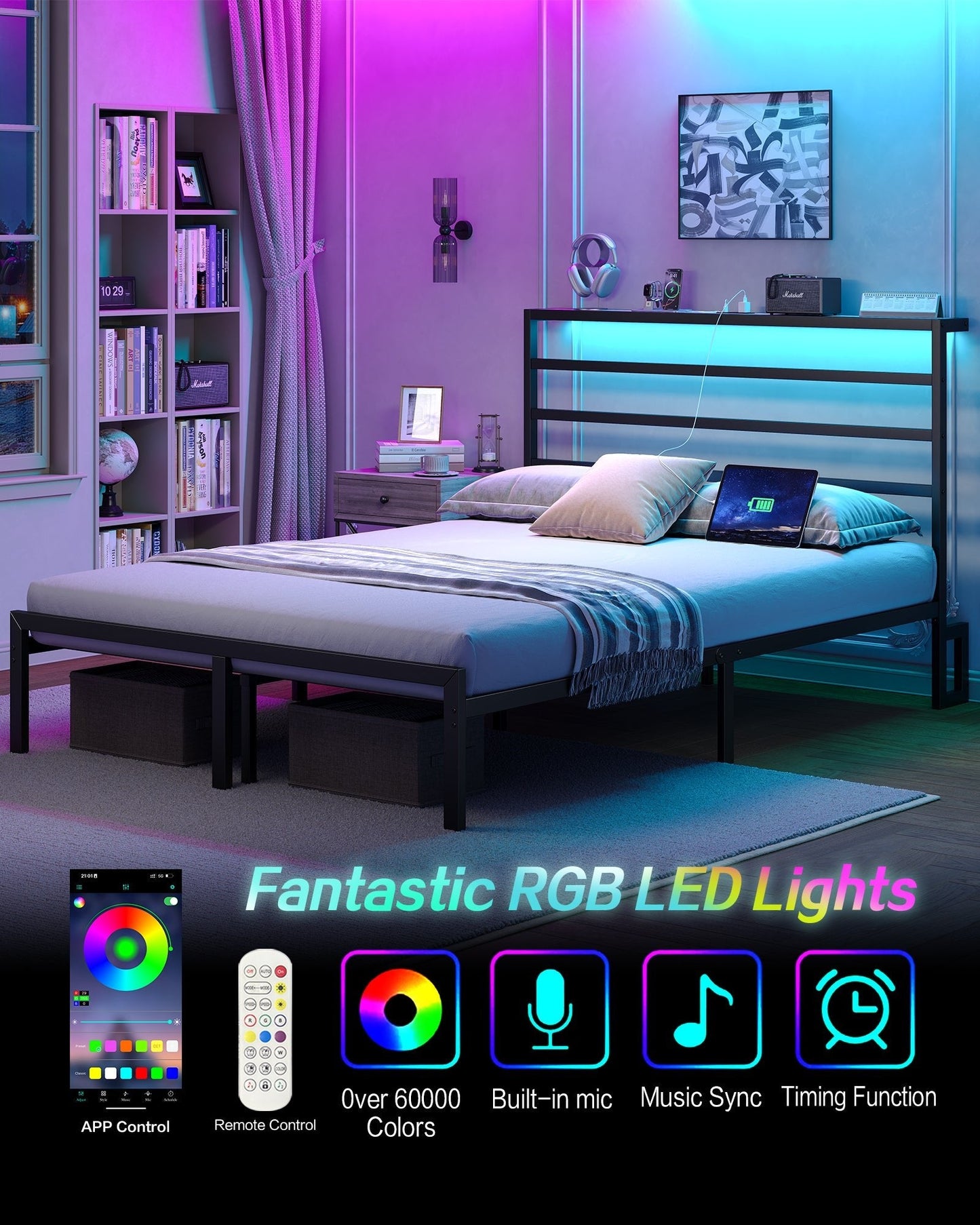 YANOSAKU BF006 - GR - F Full Size Metal Bed Frame with LED Lights - Yanosaku SotreFurnitureBF006 - GR - F