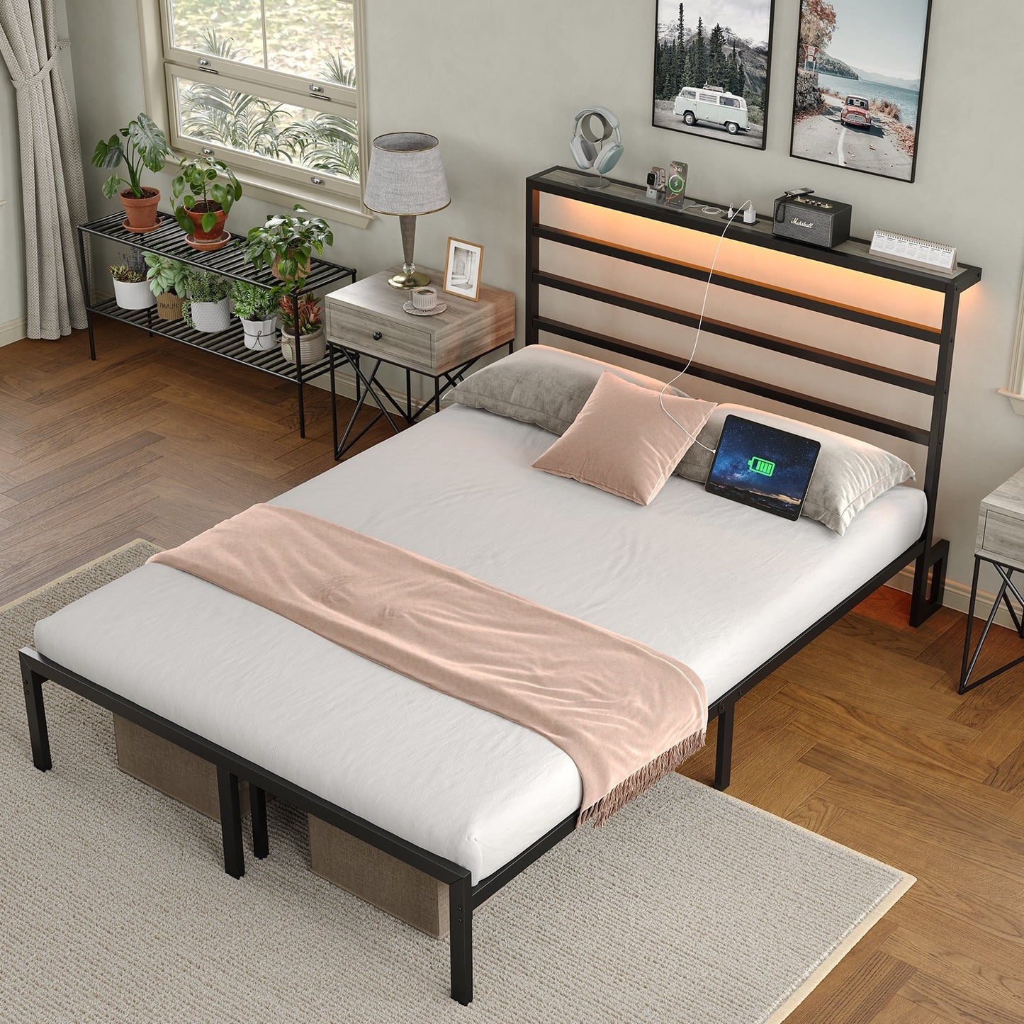 YANOSAKU BF006 - GR - F Full Size Metal Bed Frame with LED Lights - Yanosaku SotreFurnitureBF006 - GR - F