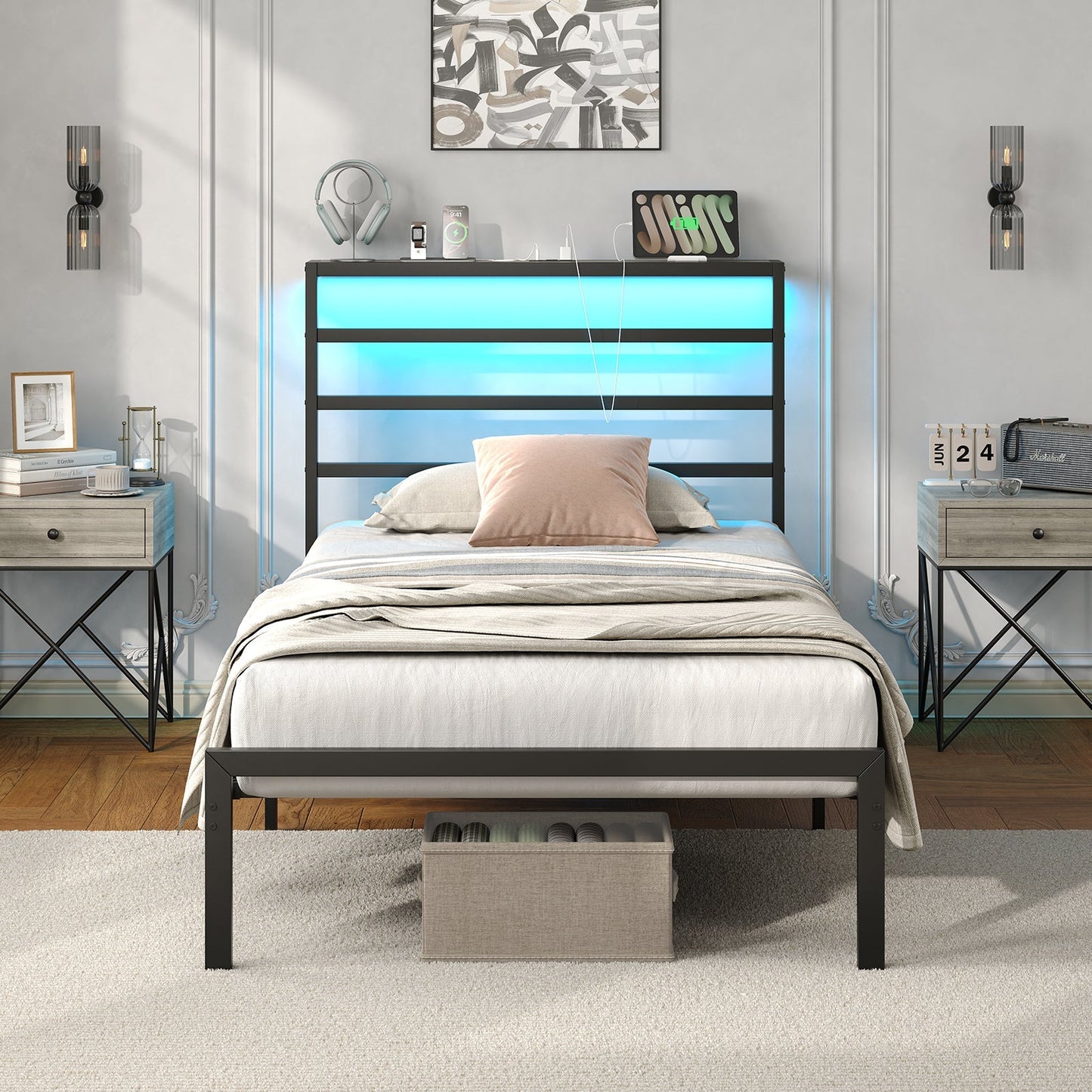 Yanosaku BF006 - GR - T Twin Classic Metal Bed Frame with LED Lights & Charging - Yanosaku SotreFurnitureBF006 - GR - T