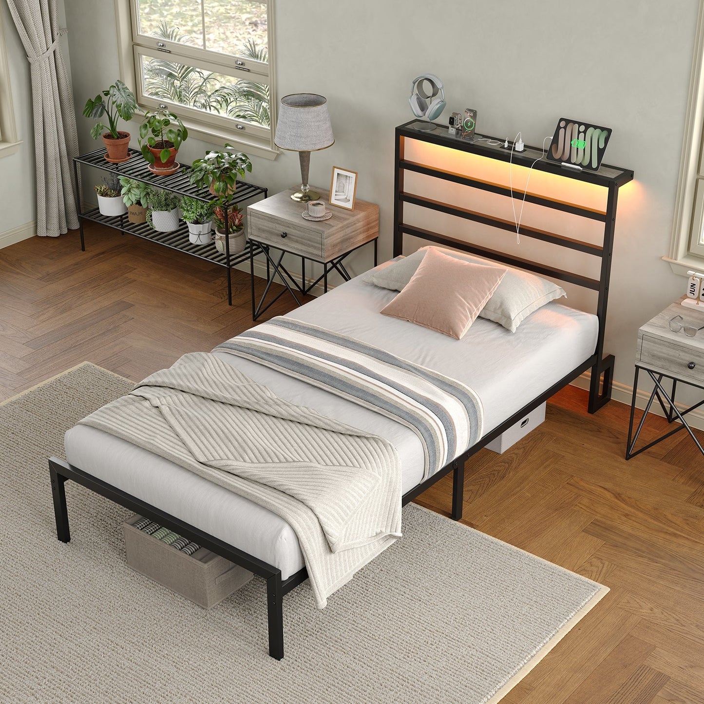 Yanosaku BF006 - GR - T Twin Classic Metal Bed Frame with LED Lights & Charging - Yanosaku SotreFurnitureBF006 - GR - T