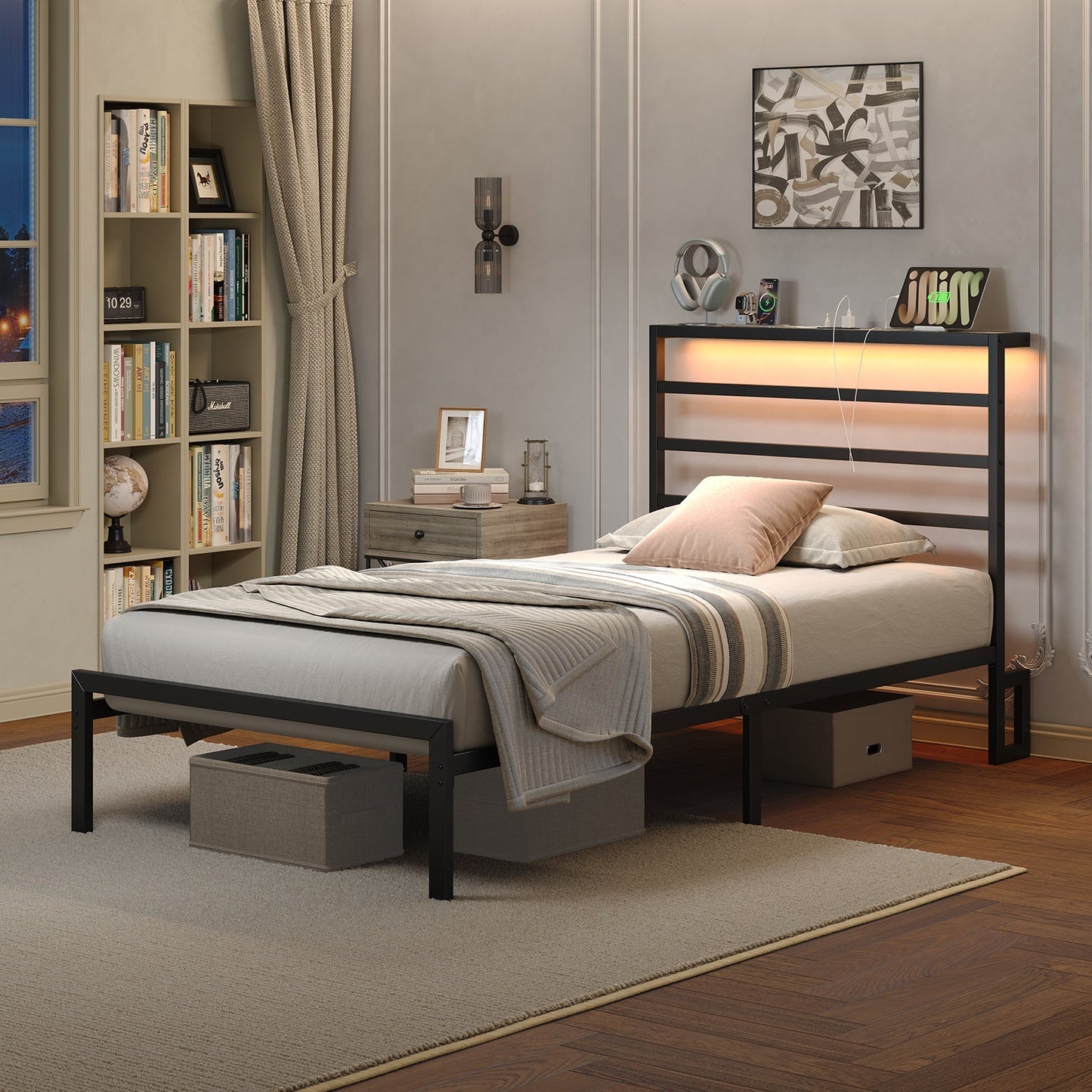 Yanosaku BF006 - GR - T Twin Classic Metal Bed Frame with LED Lights & Charging - Yanosaku SotreFurnitureBF006 - GR - T