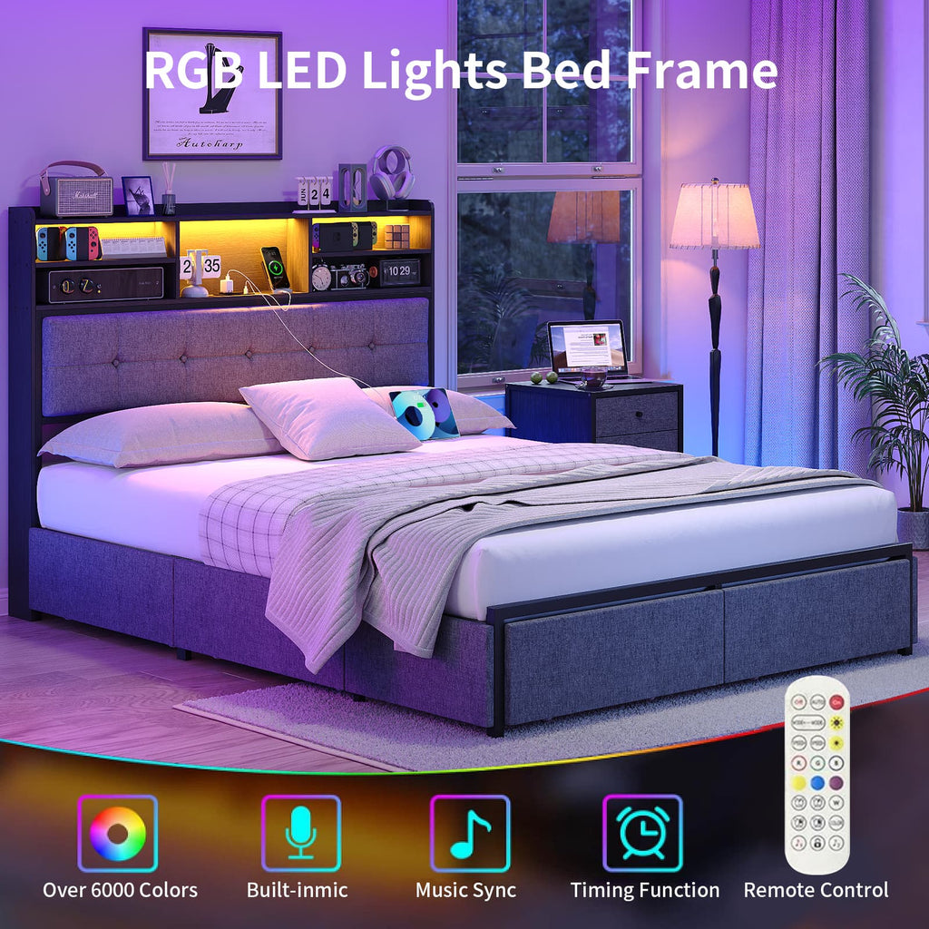 Yanosaku BF011 - BL Full/Queen/King Bed Frame with 6 Drawers, Easy Assembly, USB Charging, LED Headboard, No Box Spring Needed - Yanosaku SotreFurniture