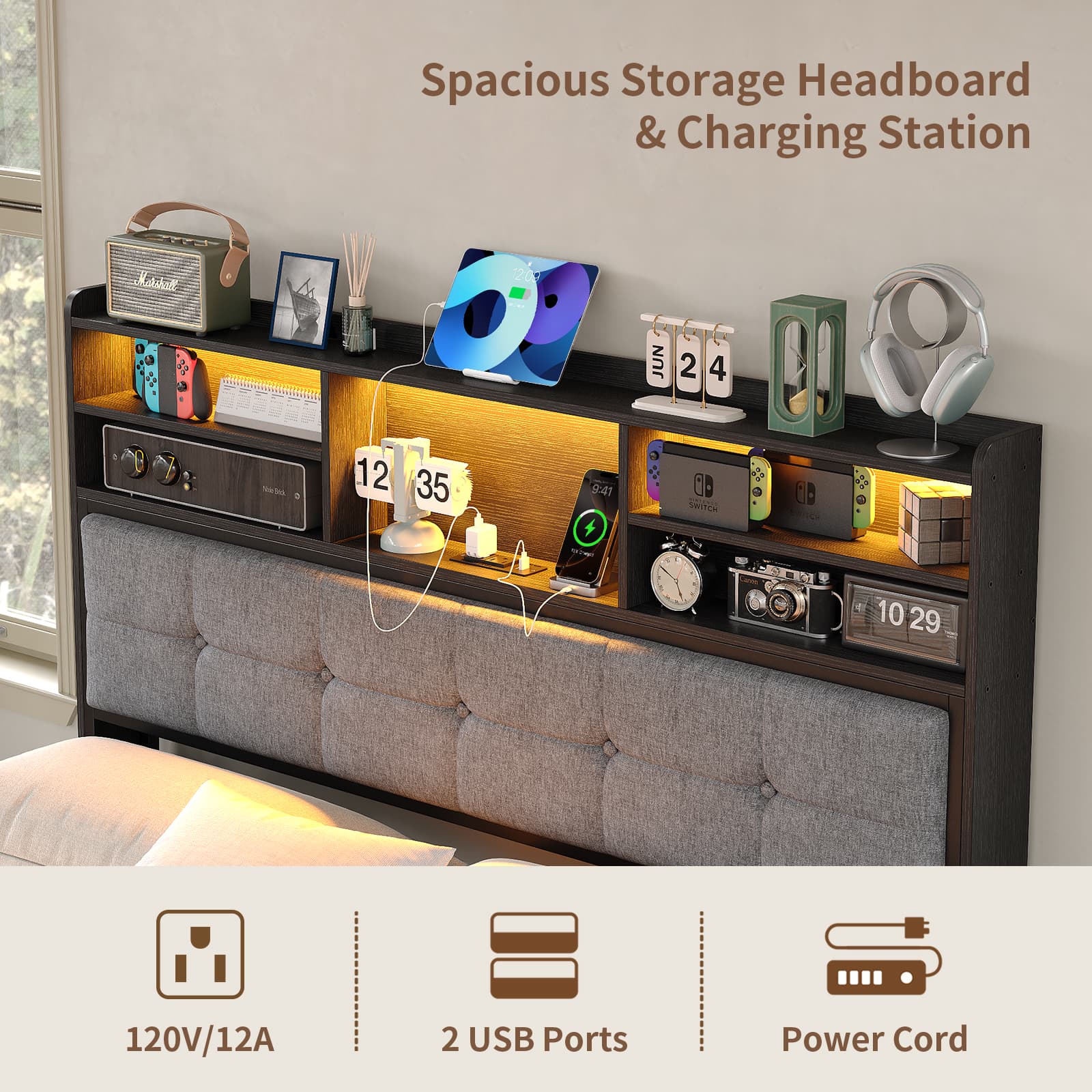 Yanosaku BF011 - BL Full/Queen/King Bed Frame with 6 Drawers, Easy Assembly, USB Charging, LED Headboard, No Box Spring Needed - Yanosaku SotreFurniture