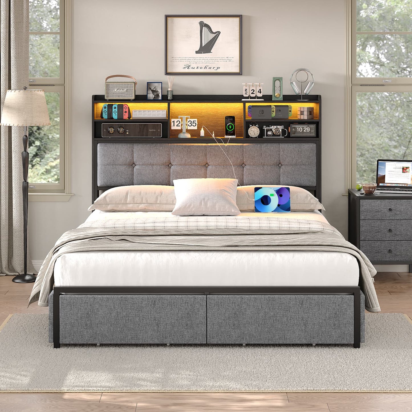 Yanosaku BF011 - BL Full/Queen/King Bed Frame with 6 Drawers, Easy Assembly, USB Charging, LED Headboard, No Box Spring Needed - Yanosaku SotreFurniture