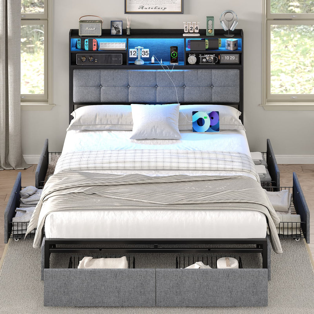 Yanosaku BF011 - BL Full/Queen/King Bed Frame with 6 Drawers, Easy Assembly, USB Charging, LED Headboard, No Box Spring Needed - Yanosaku SotreFurniture