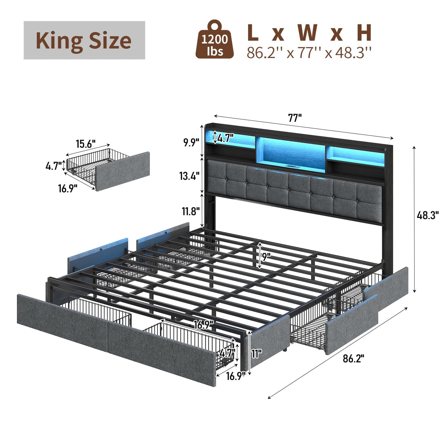 Yanosaku BF011 - BL Full/Queen/King Bed Frame with 6 Drawers, Easy Assembly, USB Charging, LED Headboard, No Box Spring Needed - Yanosaku SotreFurniture
