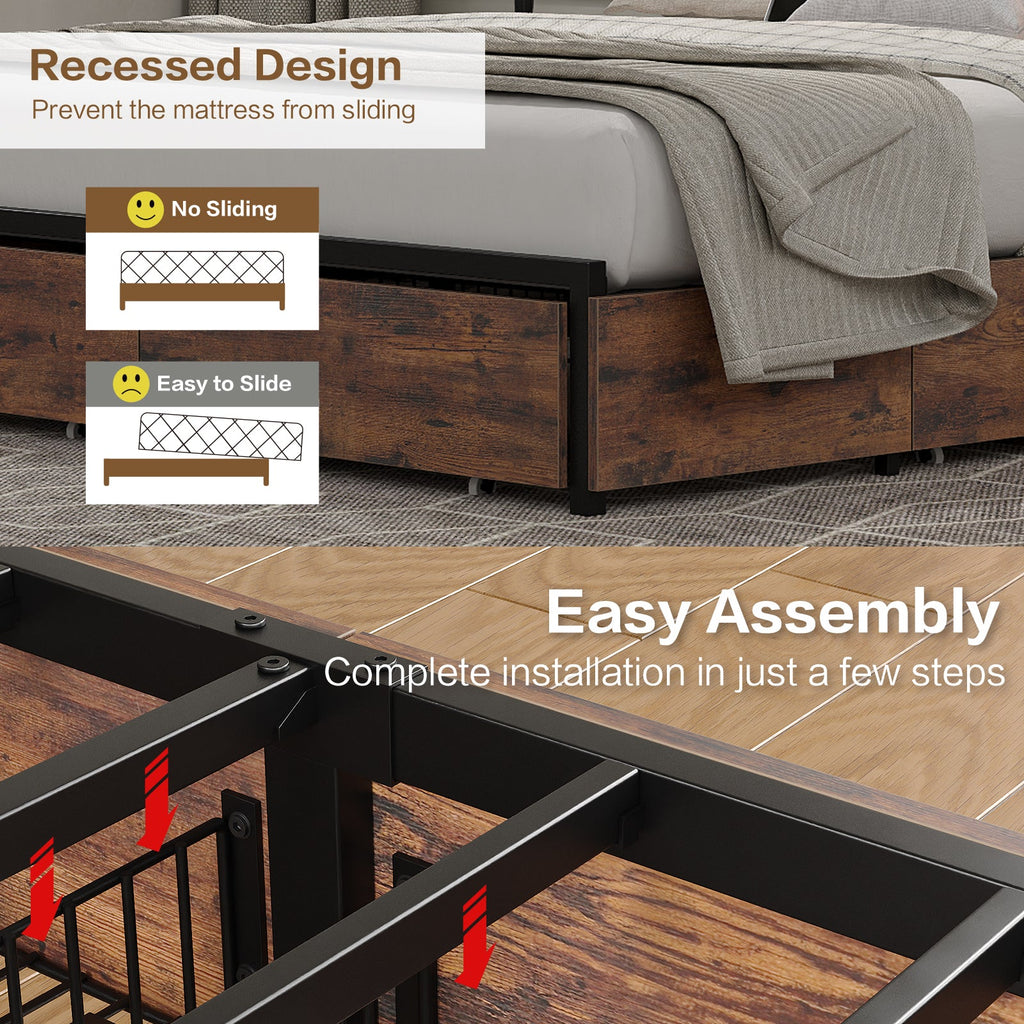 Yanosaku BF012 - BR Full/Queen/King Bed Frame with LED Headboard, Charging Ports, 6 Storage Drawers, Shelf, Easy Assembly, No Box Spring Needed - Yanosaku SotreFurnitureBF012-BR-3