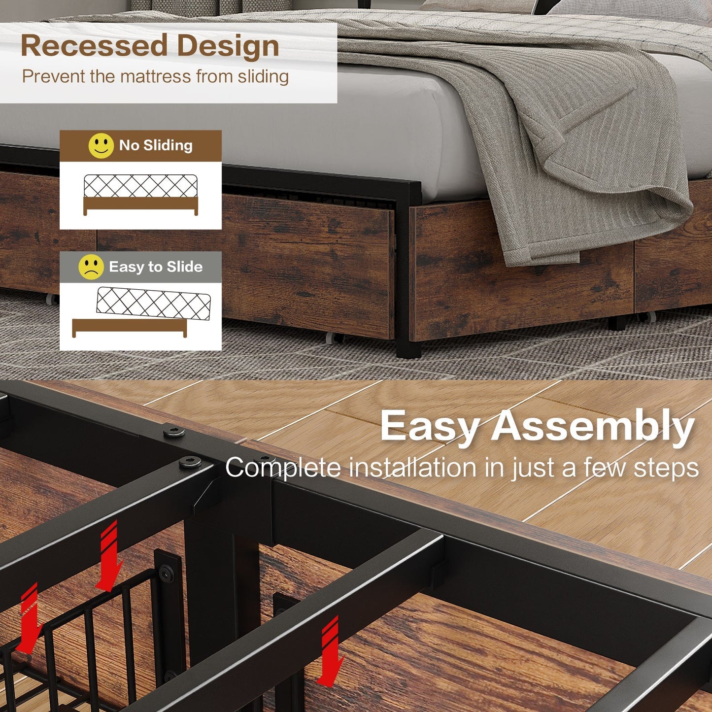 Yanosaku BF012 - BR Full/Queen/King Bed Frame with LED Headboard, Charging Ports, 6 Storage Drawers, Shelf, Easy Assembly, No Box Spring Needed - Yanosaku SotreFurnitureBF012-BR-3