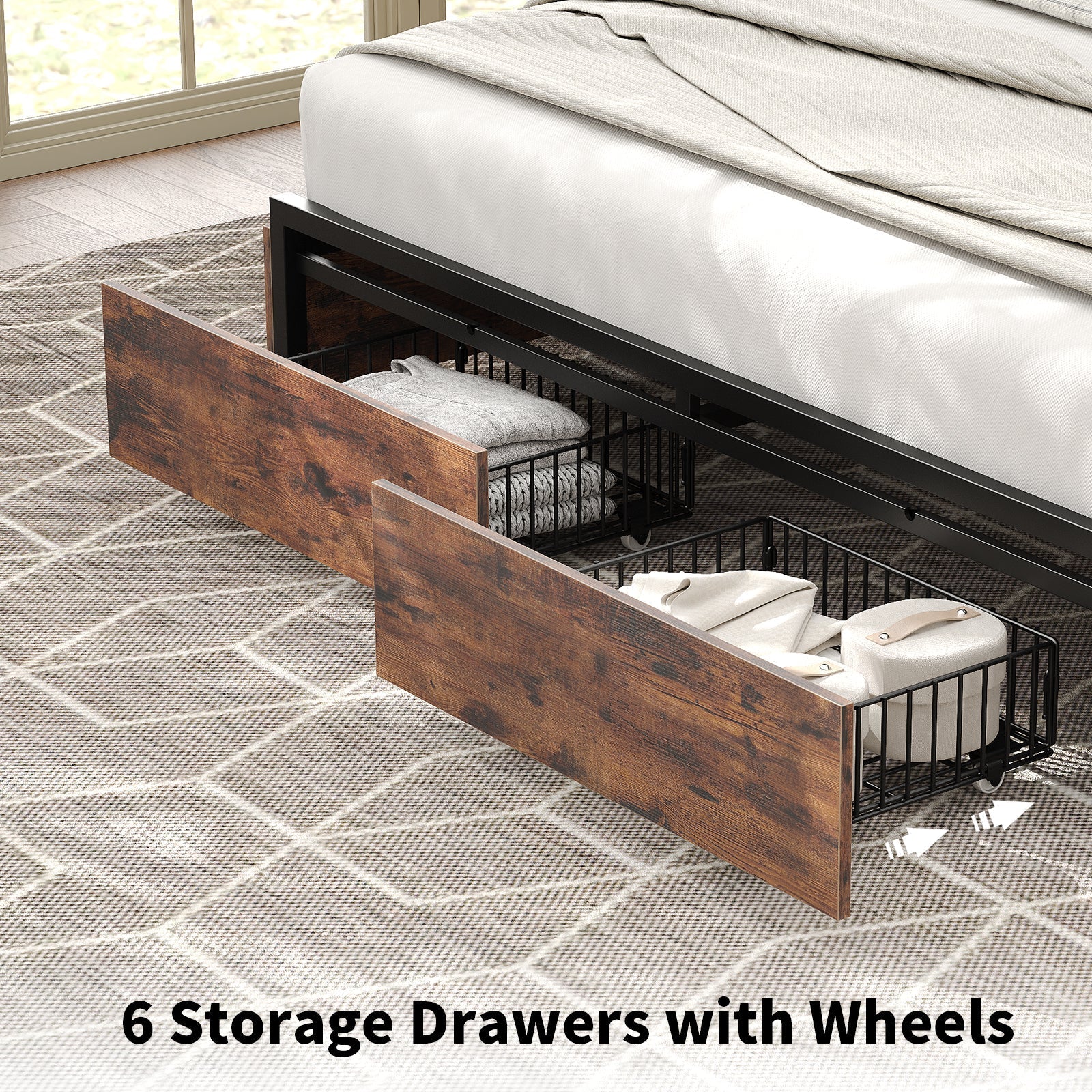 Yanosaku BF012 - BR Full/Queen/King Bed Frame with LED Headboard, Charging Ports, 6 Storage Drawers, Shelf, Easy Assembly, No Box Spring Needed - Yanosaku SotreFurnitureBF012-BR-3