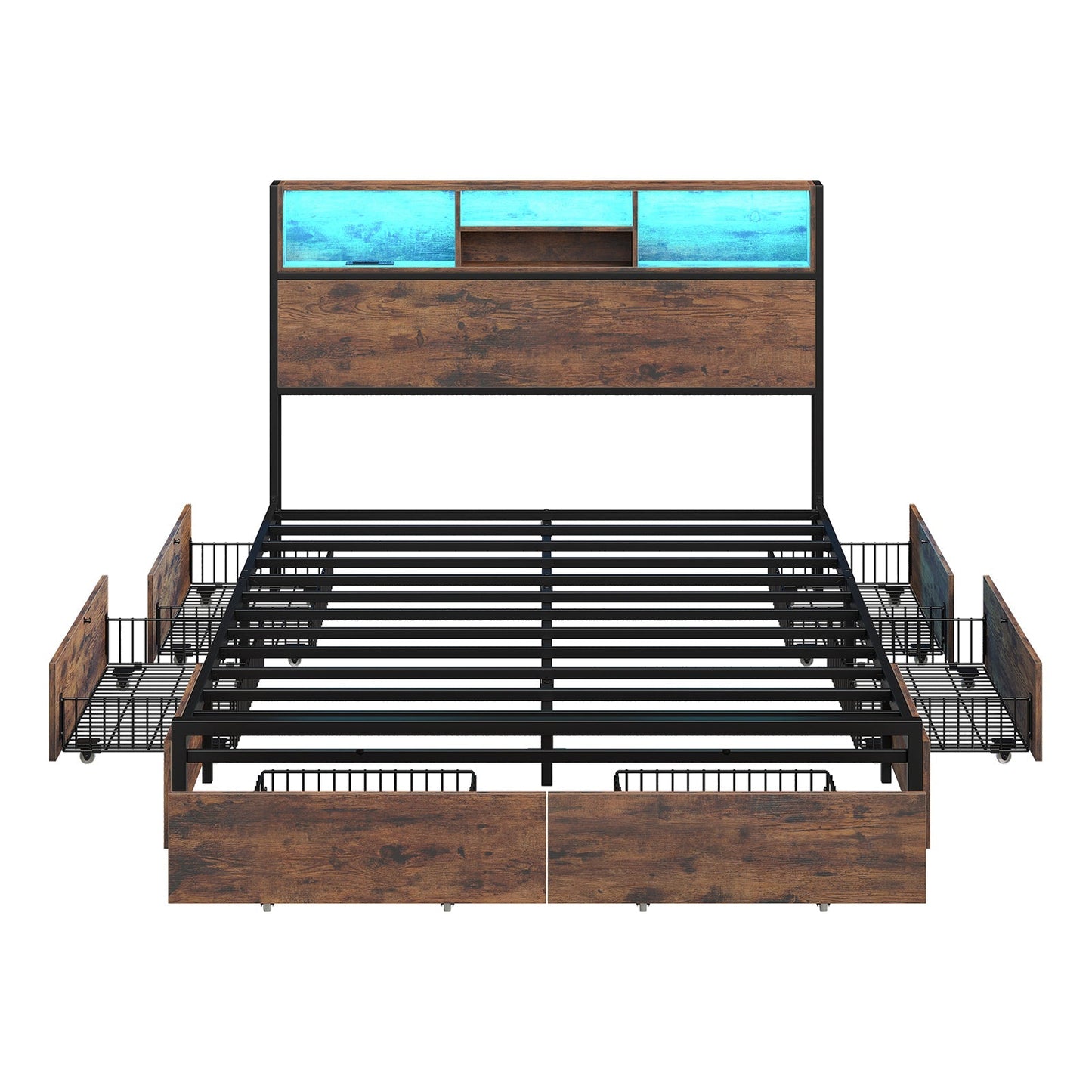 Yanosaku BF012 - BR Full/Queen/King Bed Frame with LED Headboard, Charging Ports, 6 Storage Drawers, Shelf, Easy Assembly, No Box Spring Needed - Yanosaku SotreFurnitureBF012-BR-3