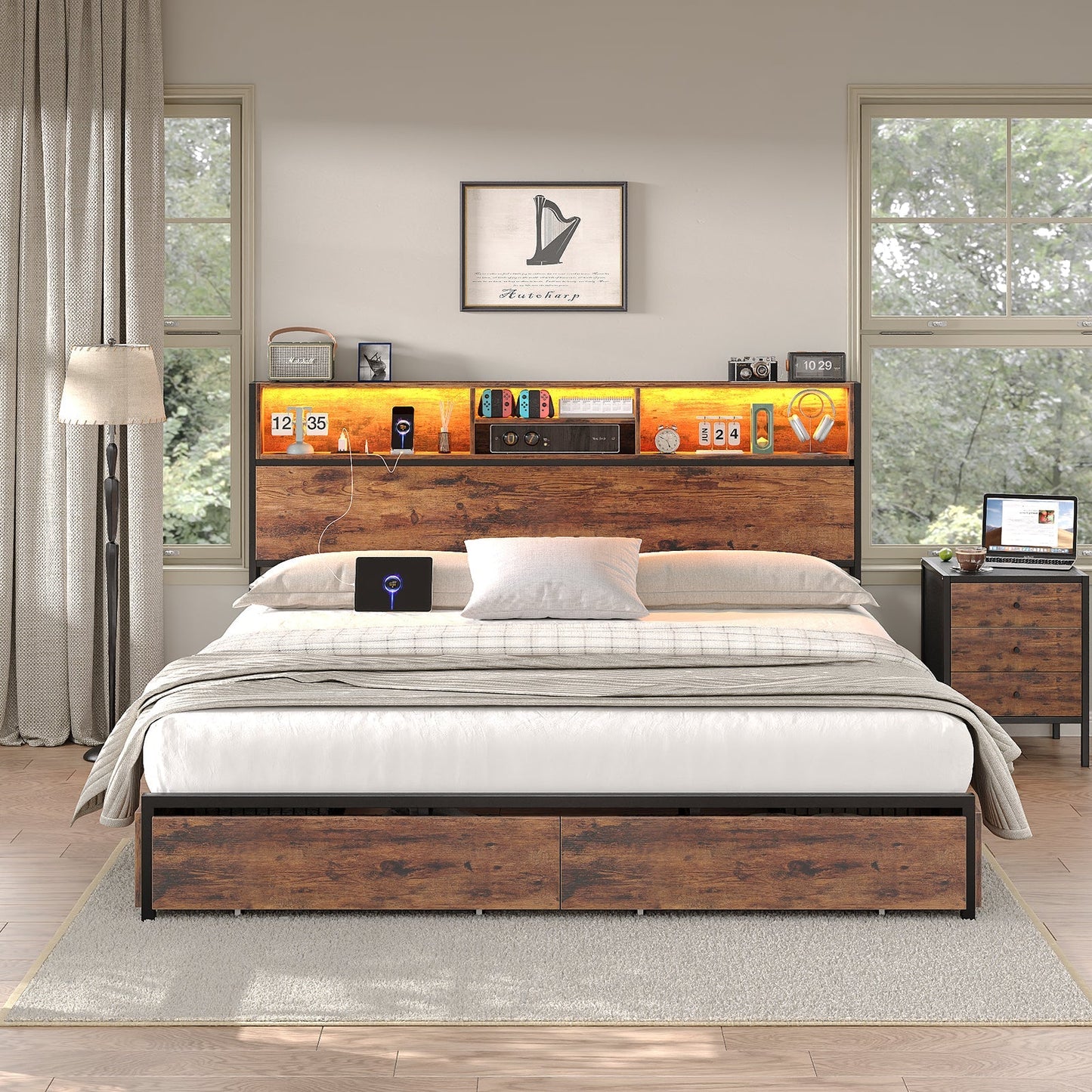 Yanosaku BF012 - BR Full/Queen/King Bed Frame with LED Headboard, Charging Ports, 6 Storage Drawers, Shelf, Easy Assembly, No Box Spring Needed - Yanosaku SotreFurnitureBF012-BR-3
