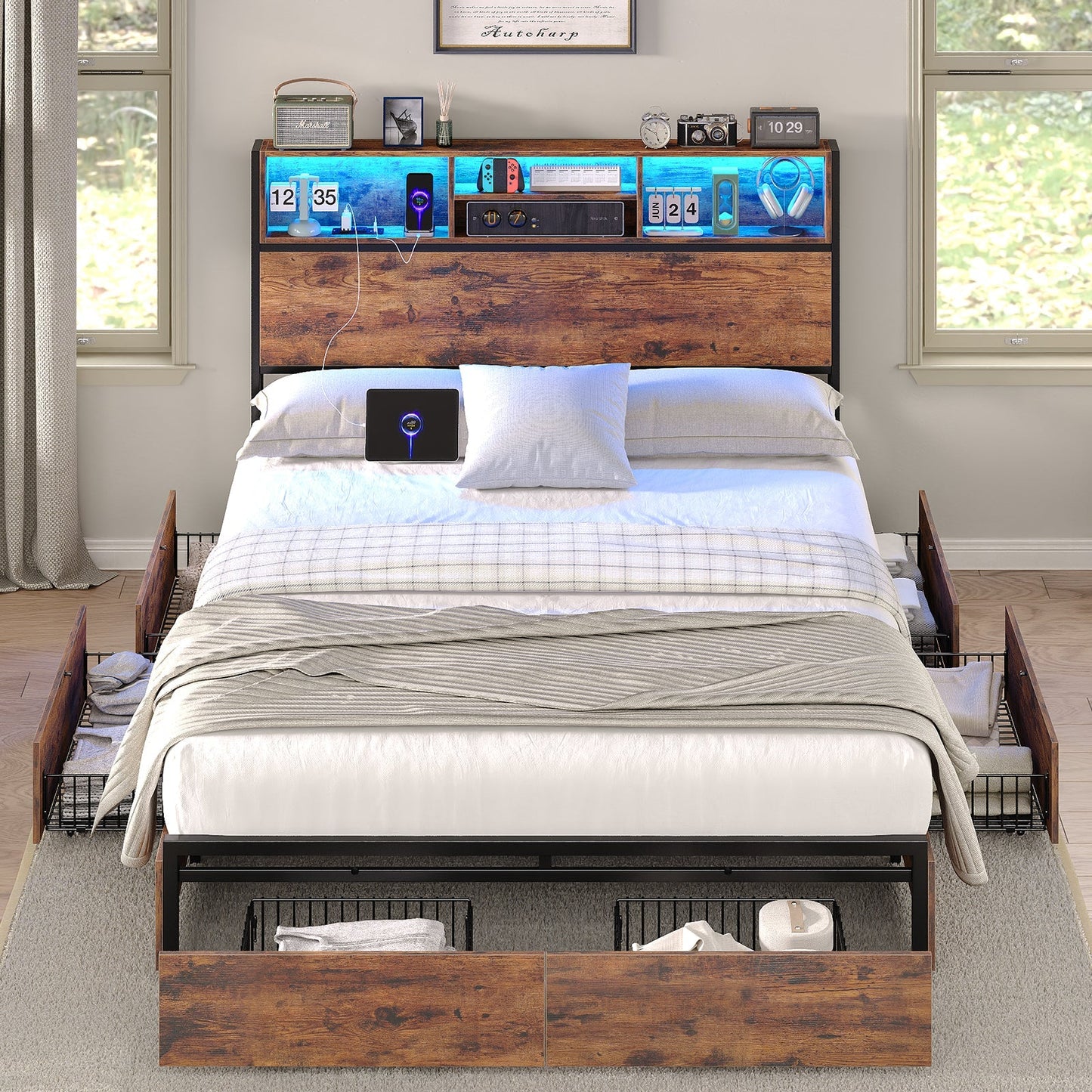 Yanosaku BF012 - BR Full/Queen/King Bed Frame with LED Headboard, Charging Ports, 6 Storage Drawers, Shelf, Easy Assembly, No Box Spring Needed - Yanosaku SotreFurnitureBF012-BR-1