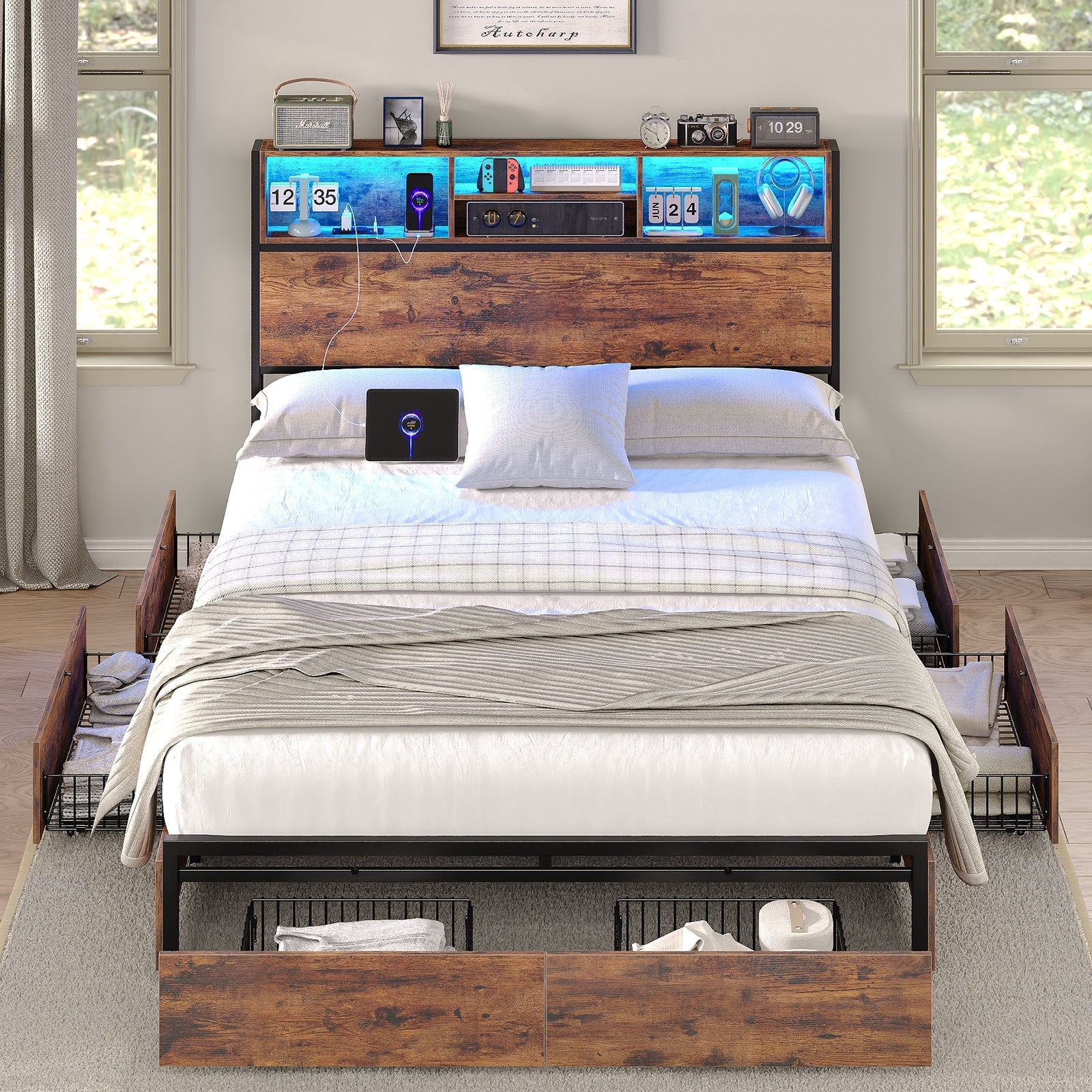 Yanosaku BF012 - BR Full/Queen/King Bed Frame with LED Headboard, Charging Ports, 6 Storage Drawers, Shelf, Easy Assembly, No Box Spring Needed - Yanosaku SotreFurnitureBF012-BR-1