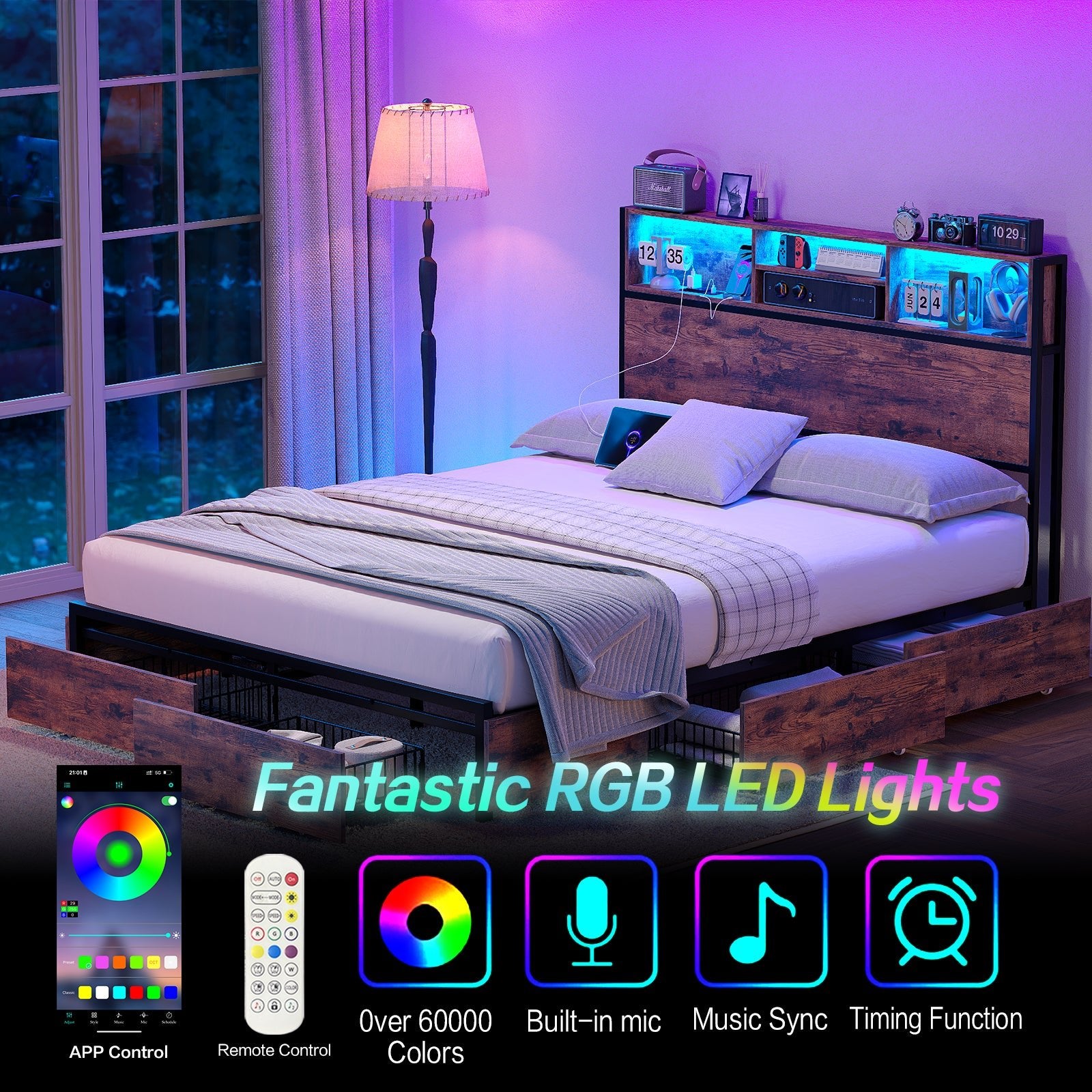 Yanosaku BF012 - BR Full/Queen/King Bed Frame with LED Headboard, Charging Ports, 6 Storage Drawers, Shelf, Easy Assembly, No Box Spring Needed - Yanosaku SotreFurnitureBF012-BR-3