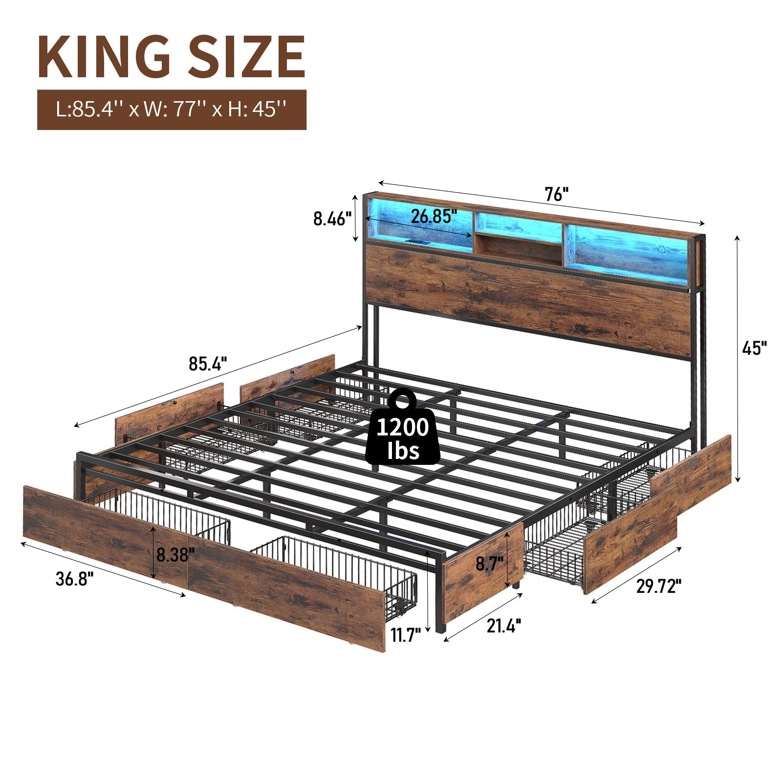Yanosaku BF012 - BR Full/Queen/King Bed Frame with LED Headboard, Charging Ports, 6 Storage Drawers, Shelf, Easy Assembly, No Box Spring Needed - Yanosaku SotreFurnitureBF012-BR-1