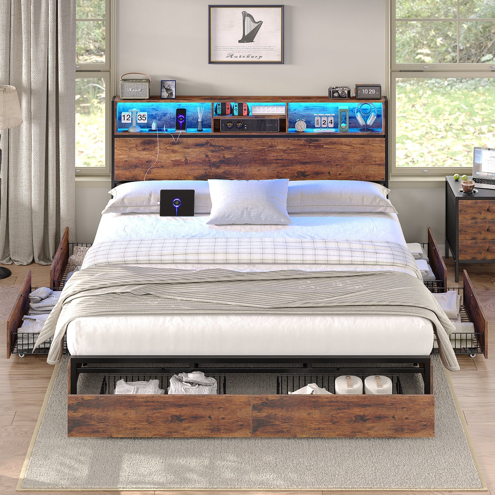 Yanosaku BF012 - BR Full/Queen/King Bed Frame with LED Headboard, Charging Ports, 6 Storage Drawers, Shelf, Easy Assembly, No Box Spring Needed - Yanosaku SotreFurnitureBF012-BR-3