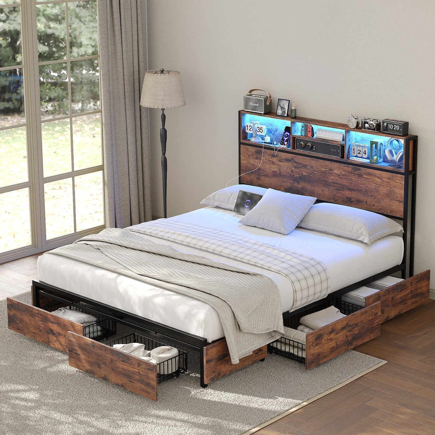 Yanosaku BF012 - BR Full/Queen/King Bed Frame with LED Headboard, Charging Ports, 6 Storage Drawers, Shelf, Easy Assembly, No Box Spring Needed - Yanosaku SotreFurnitureBF012-BR-2
