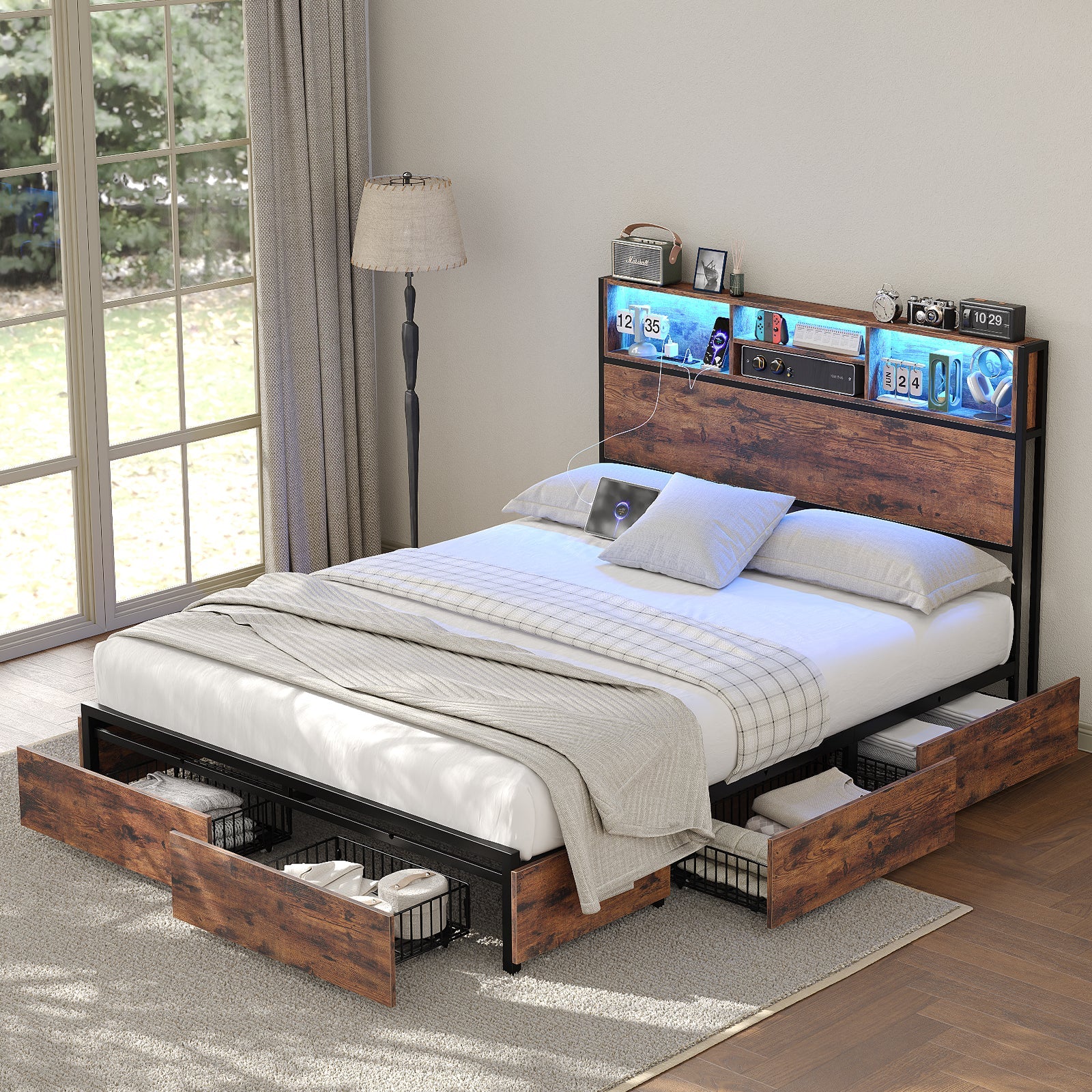 Yanosaku BF012 - BR Full/Queen/King Bed Frame with LED Headboard, Charging Ports, 6 Storage Drawers, Shelf, Easy Assembly, No Box Spring Needed - Yanosaku SotreFurnitureBF012-BR-2