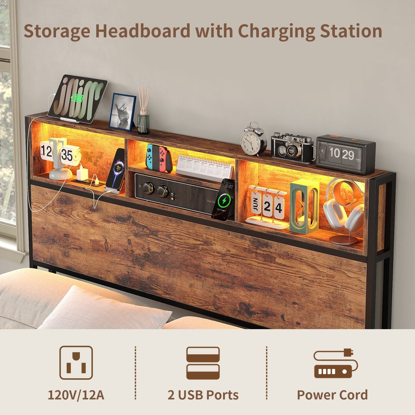 Yanosaku BF012 - BR Full/Queen/King Bed Frame with LED Headboard, Charging Ports, 6 Storage Drawers, Shelf, Easy Assembly, No Box Spring Needed - Yanosaku SotreFurnitureBF012-BR-3