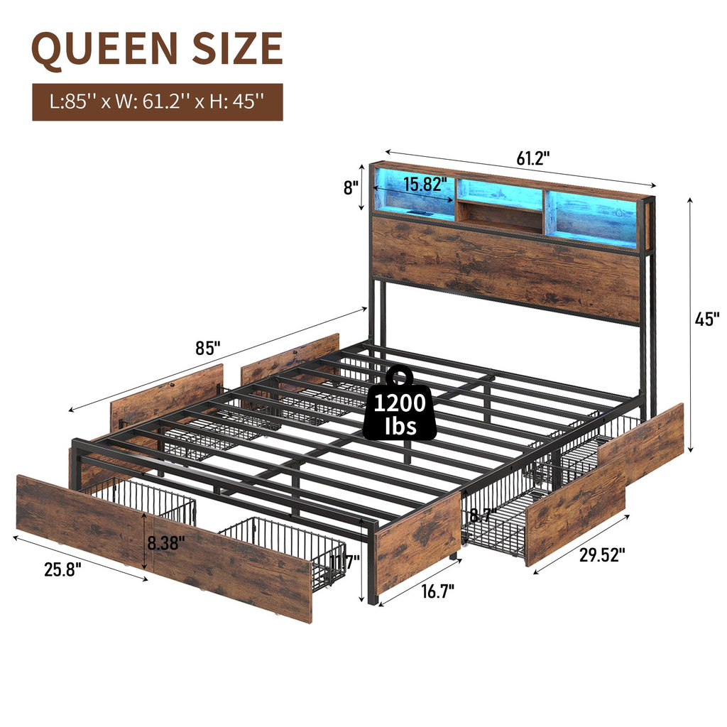 Yanosaku BF012 - BR Full/Queen/King Bed Frame with LED Headboard, Charging Ports, 6 Storage Drawers, Shelf, Easy Assembly, No Box Spring Needed - Yanosaku SotreFurnitureBF012-BR-1