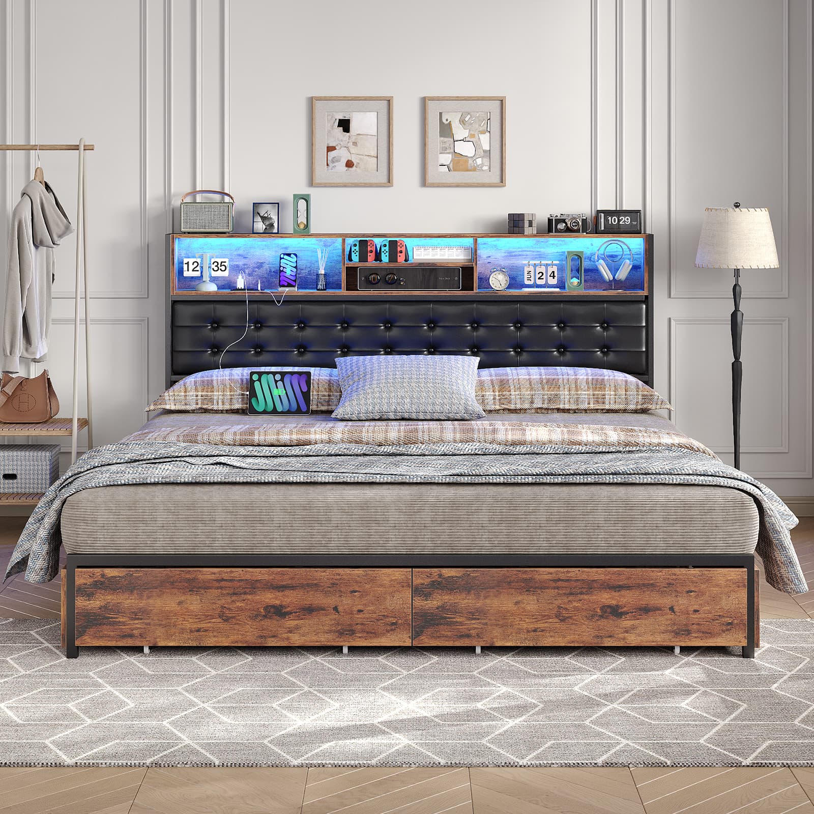 Yanosaku BF013 - BR Full/Queen/King Bed Frame with RGB LED Headboard, Charging, 6 Drawers, Upholstered, Heavy - Duty, Easy Assembly, No Box Spring - Yanosaku SotreFurnitureBF013-BR-3