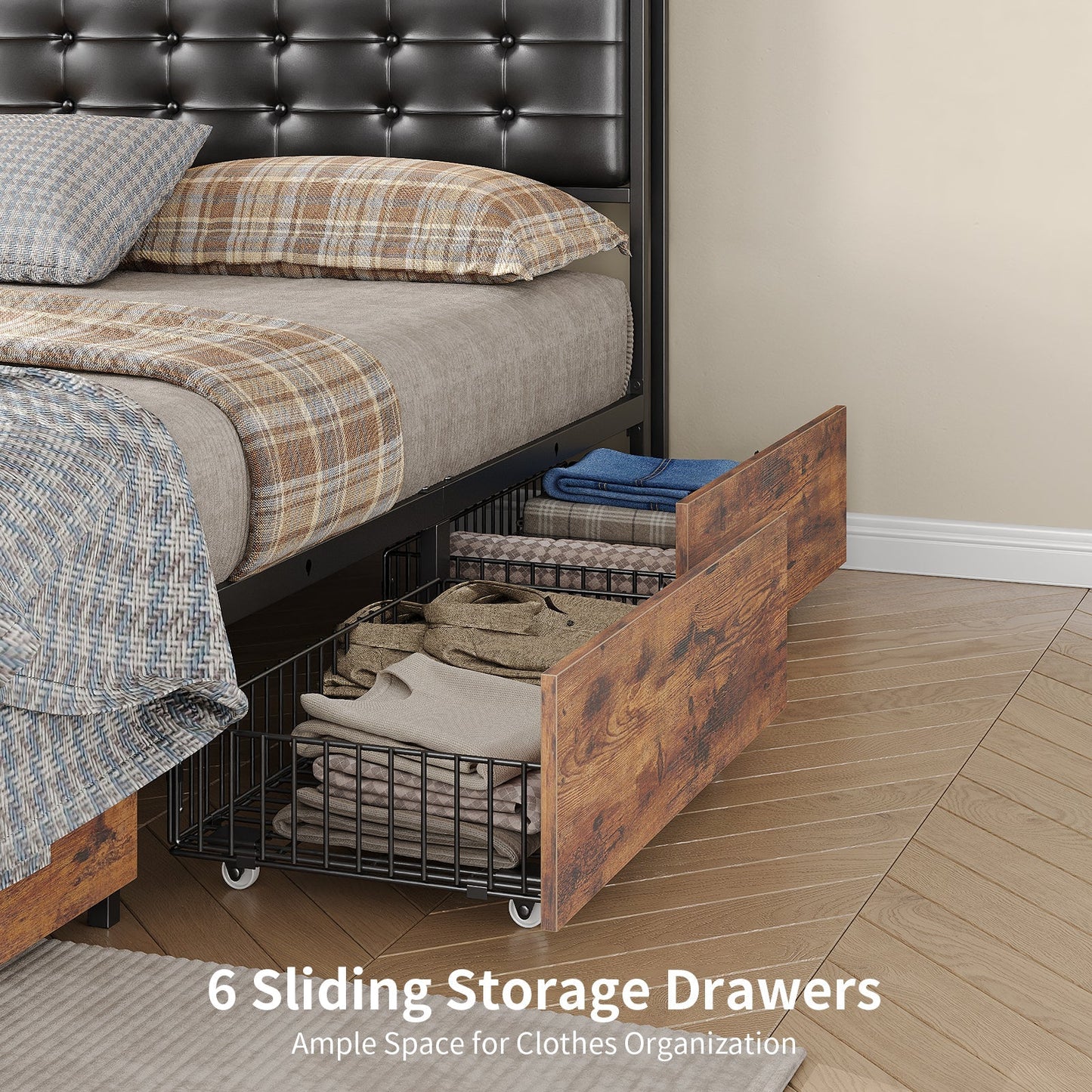 Yanosaku BF013 - BR Full/Queen/King Bed Frame with RGB LED Headboard, Charging, 6 Drawers, Upholstered, Heavy - Duty, Easy Assembly, No Box Spring - Yanosaku SotreFurnitureBF013-BR-3