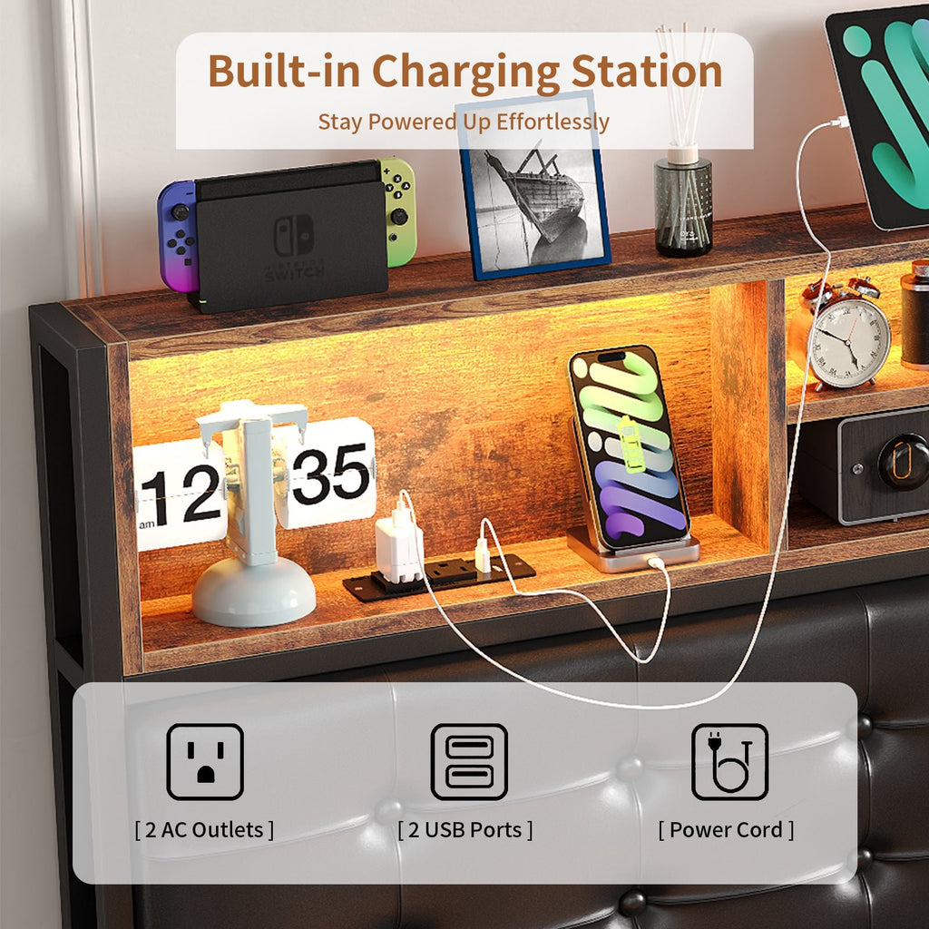 Yanosaku BF013 - BR Full/Queen/King Bed Frame with RGB LED Headboard, Charging, 6 Drawers, Upholstered, Heavy - Duty, Easy Assembly, No Box Spring - Yanosaku SotreFurnitureBF013-BR-3