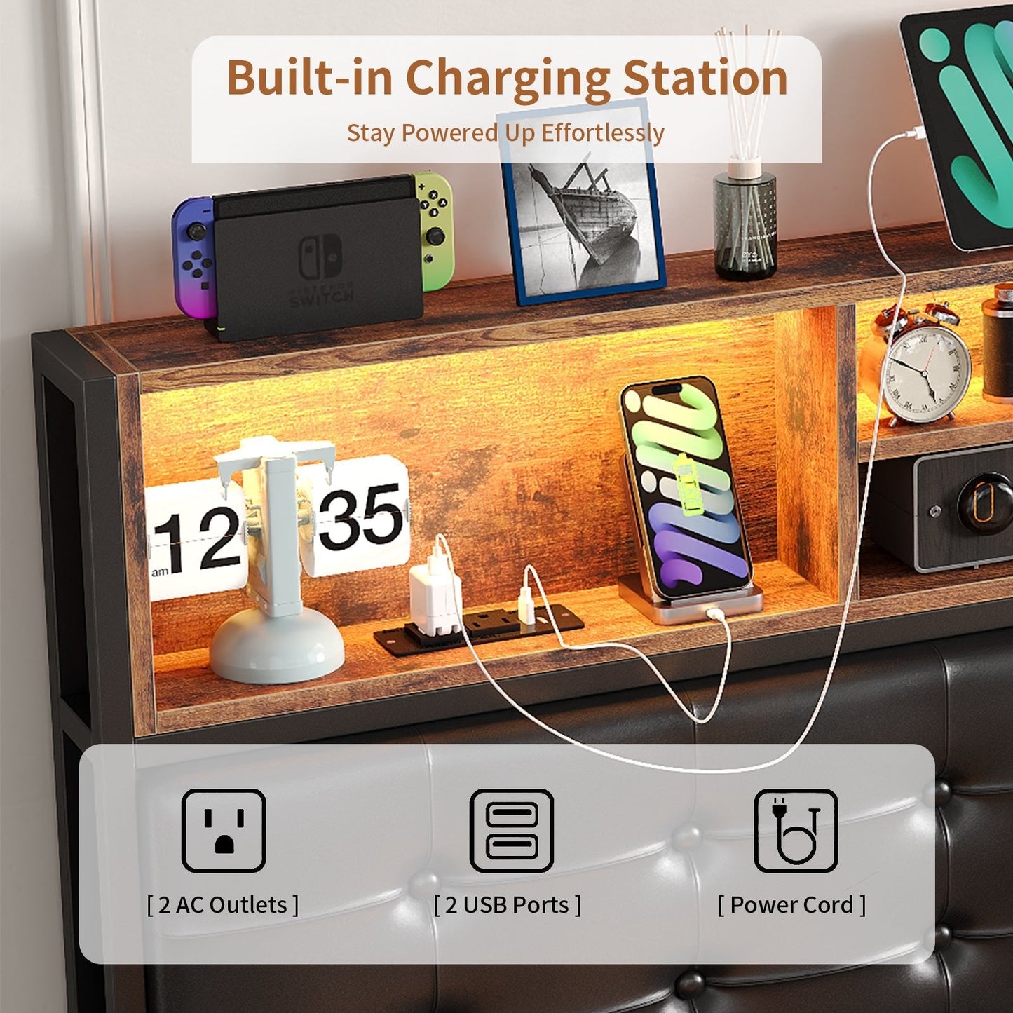 Yanosaku BF013 - BR Full/Queen/King Bed Frame with RGB LED Headboard, Charging, 6 Drawers, Upholstered, Heavy - Duty, Easy Assembly, No Box Spring - Yanosaku SotreFurnitureBF013-BR-3