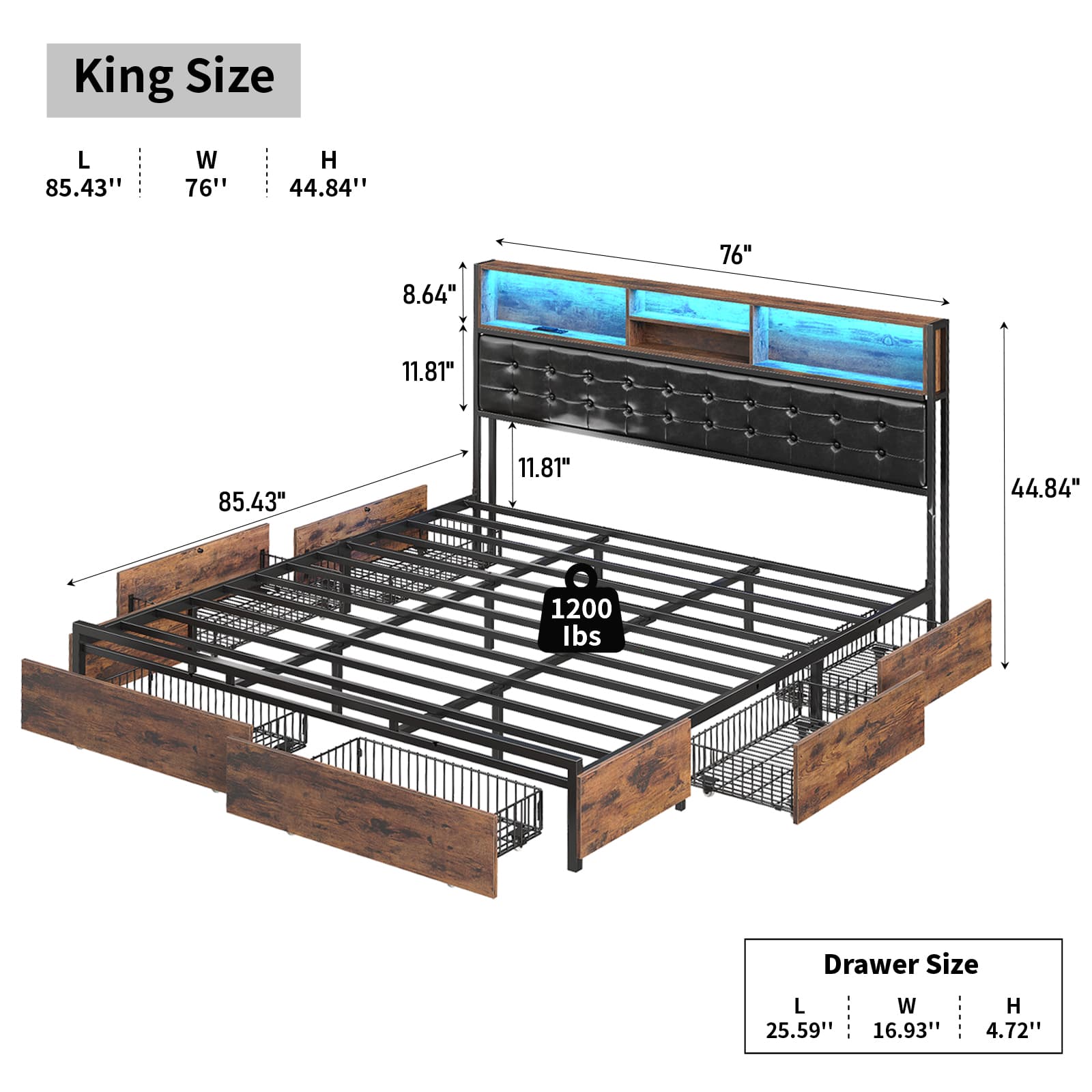 Yanosaku BF013 - BR Full/Queen/King Bed Frame with RGB LED Headboard, Charging, 6 Drawers, Upholstered, Heavy - Duty, Easy Assembly, No Box Spring - Yanosaku SotreFurnitureBF013-BR-3