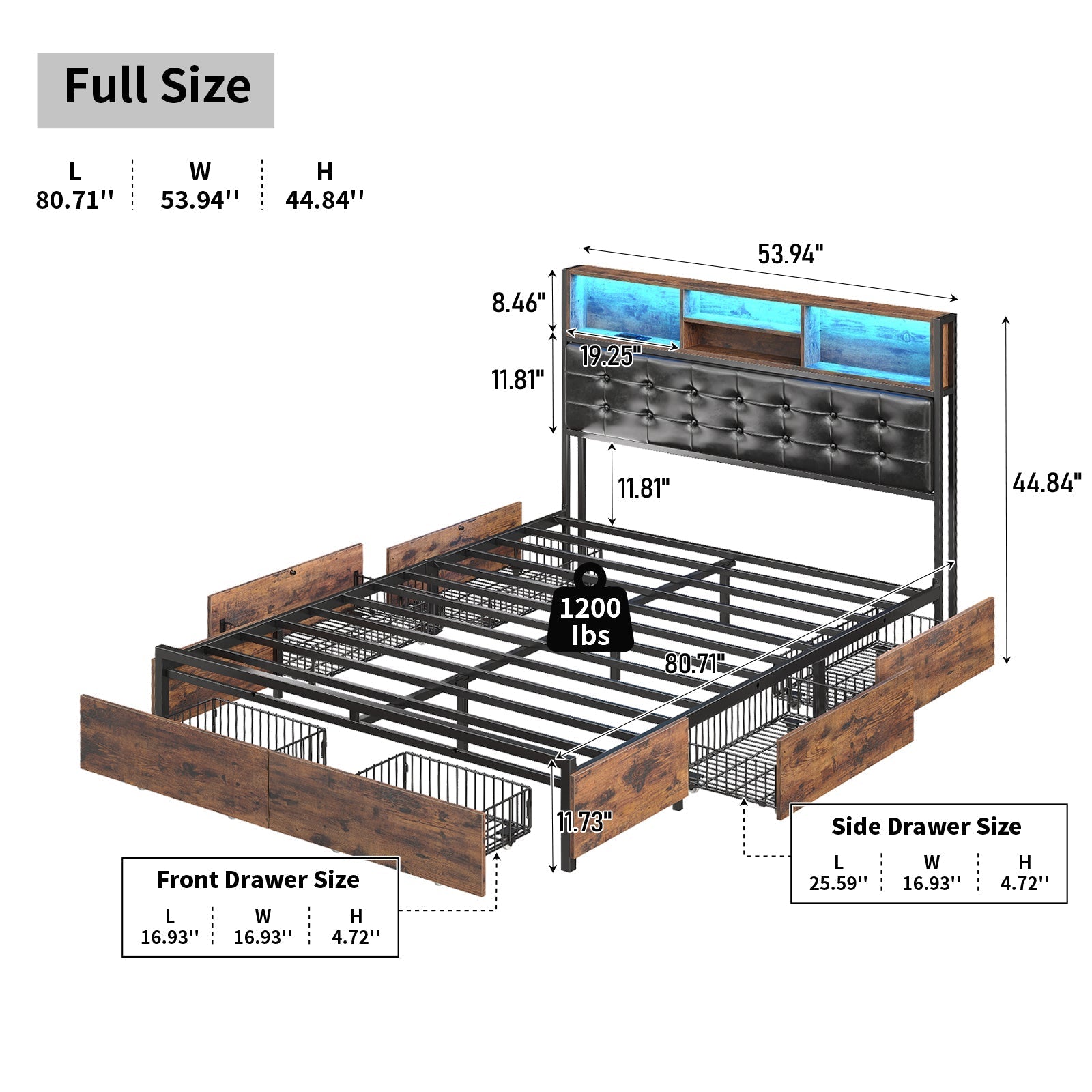 Yanosaku BF013 - BR Full/Queen/King Bed Frame with RGB LED Headboard, Charging, 6 Drawers, Upholstered, Heavy - Duty, Easy Assembly, No Box Spring - Yanosaku SotreFurnitureBF013-BR-3