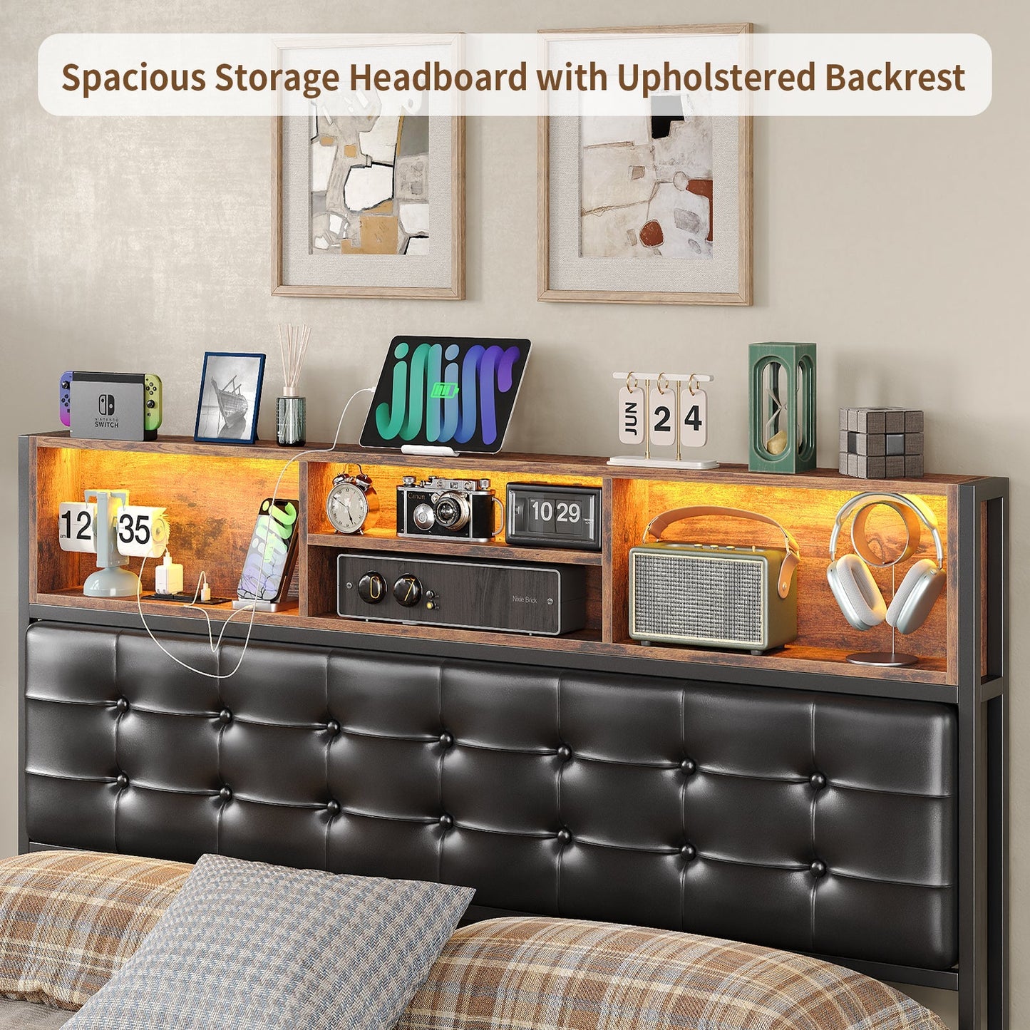 Yanosaku BF013 - BR Full/Queen/King Bed Frame with RGB LED Headboard, Charging, 6 Drawers, Upholstered, Heavy - Duty, Easy Assembly, No Box Spring - Yanosaku SotreFurnitureBF013-BR-3