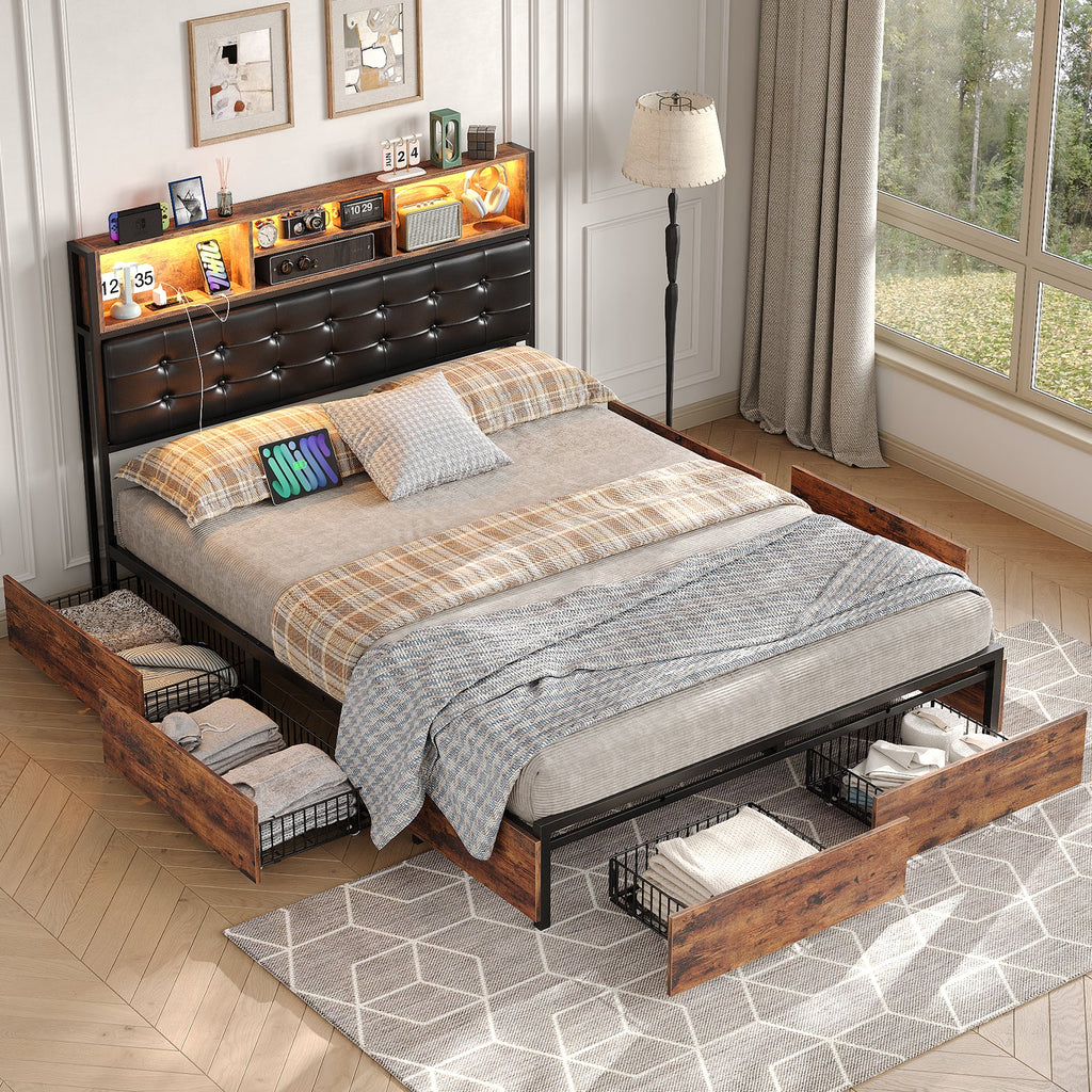 Yanosaku BF013 - BR Full/Queen/King Bed Frame with RGB LED Headboard, Charging, 6 Drawers, Upholstered, Heavy - Duty, Easy Assembly, No Box Spring - Yanosaku SotreFurnitureBF013-BR-3