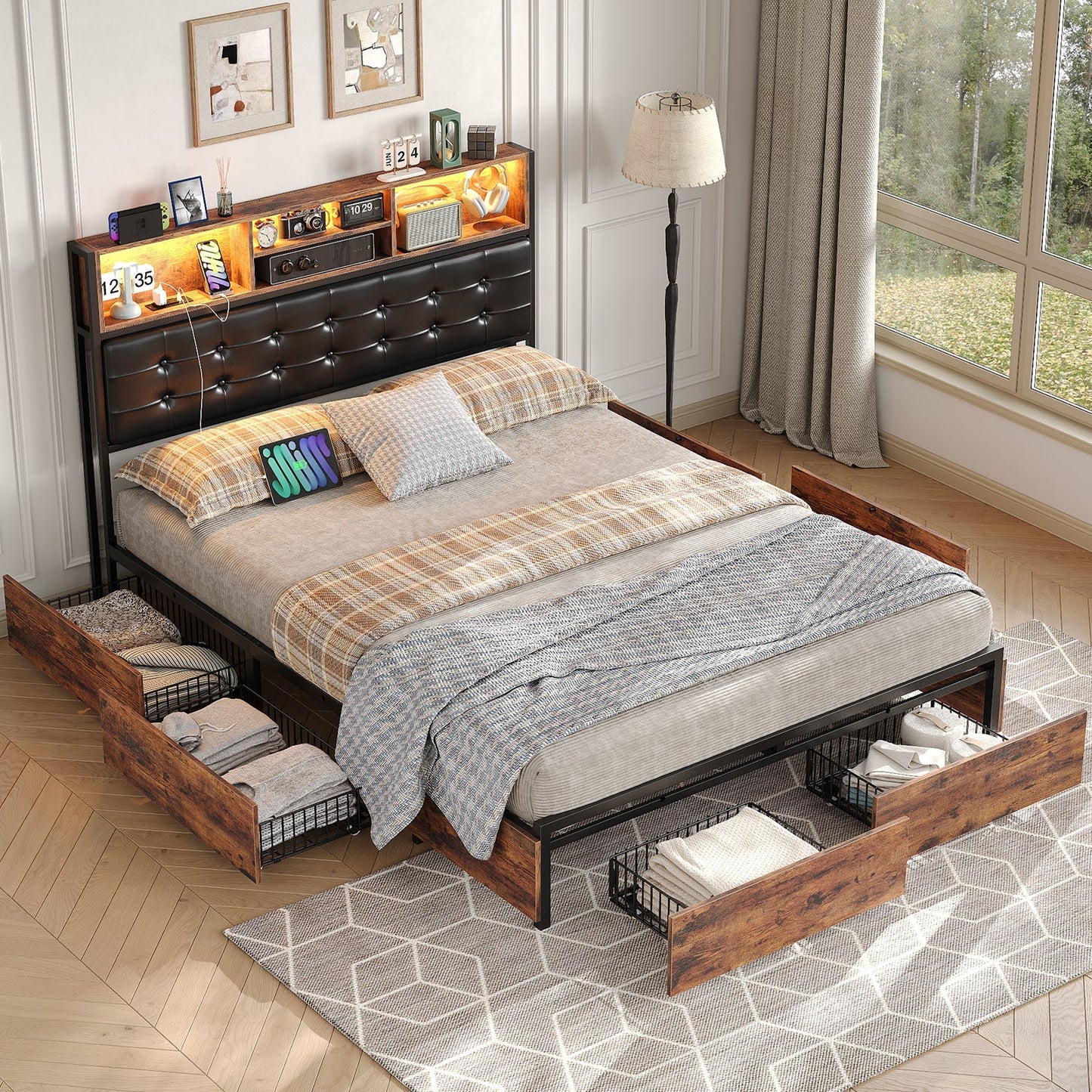 Yanosaku BF013 - BR Full/Queen/King Bed Frame with RGB LED Headboard, Charging, 6 Drawers, Upholstered, Heavy - Duty, Easy Assembly, No Box Spring - Yanosaku SotreFurnitureBF013-BR-3